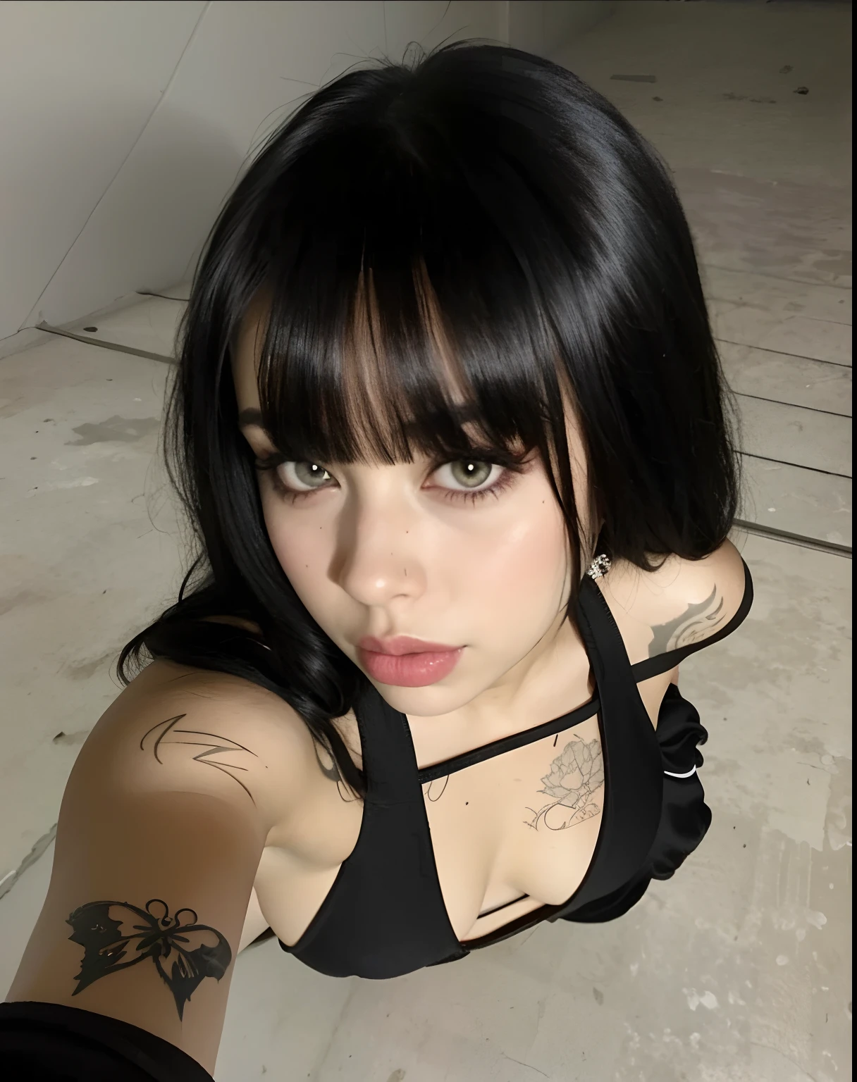 Woman with a tattoo on her arm and a black top, Ela tem cabelo preto com franja, Charli XCX |, franja preta, cabelo blackbangs cabelo, imagem de perfil, goth girl, 1 7 - year - old goth girl, sexy gaze, cabelos pretos e olhos grandes, cabelo preto e franja branca, Alexa 65, Alexa65