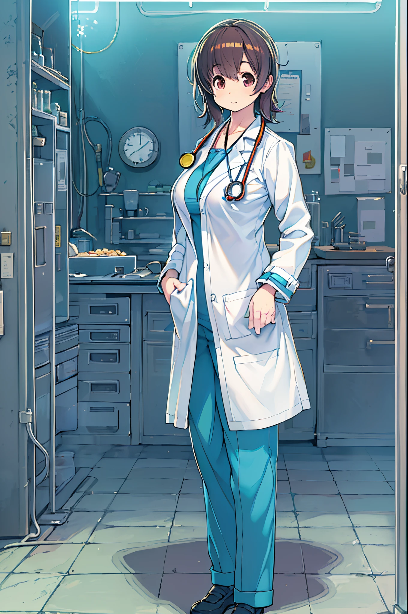 Anime character wearing a white lab coat and blue scrub suit, Smooth Anime CG Art, with white coat, wearing a white hospital gown, wearing lab coat and a blouse, With a stethoscope, doctor, makoto shinka, wearing lab coat, (doctor), By Shinkai Makoto. a digital rendering, stethoscope!, photorealistic anime girl render