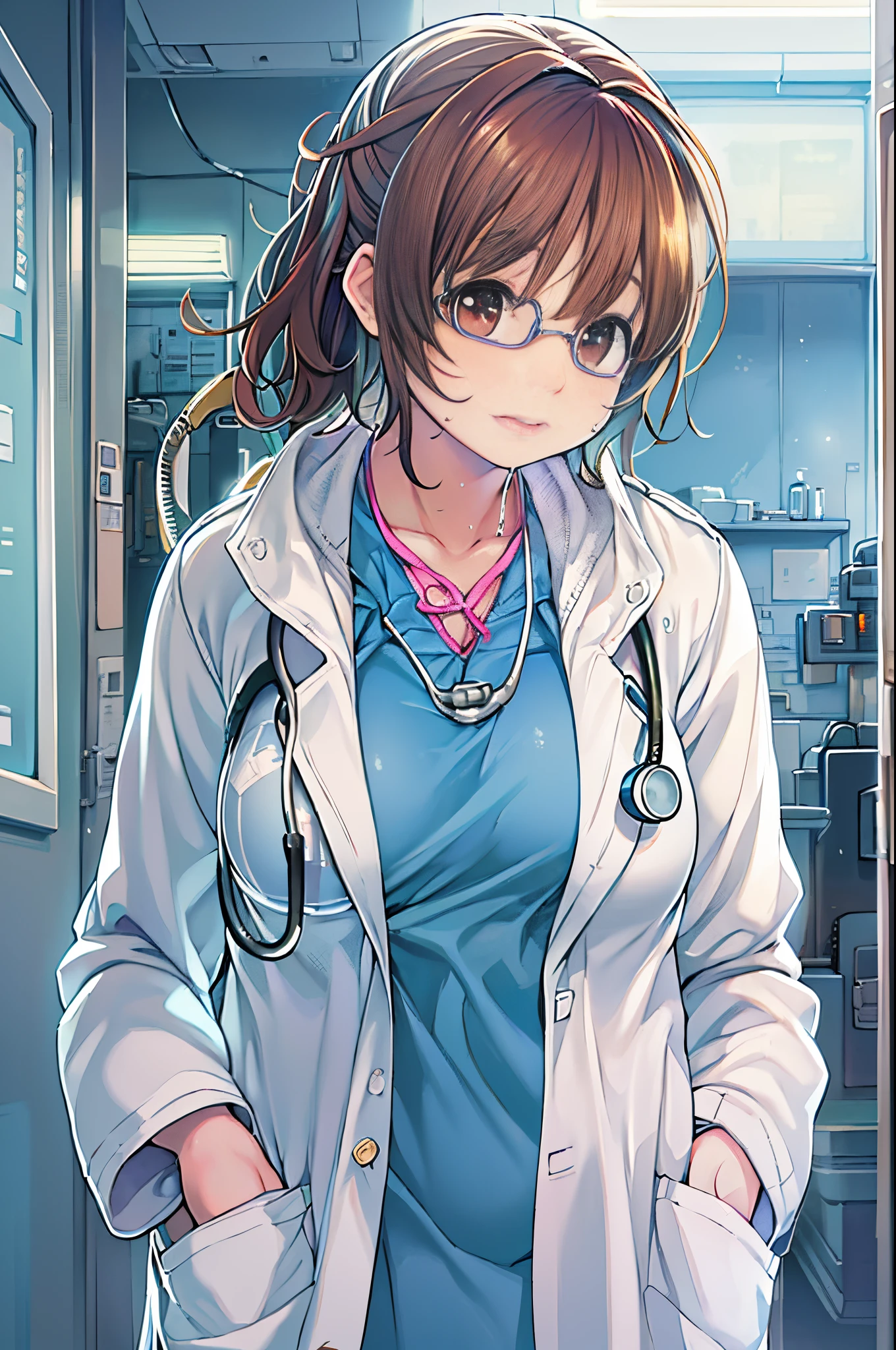 Anime character wearing a white lab coat and blue scrub suit, Smooth Anime CG Art, with white coat, wearing a white hospital gown, wearing lab coat and a blouse, With a stethoscope, doctor, makoto shinka, wearing lab coat, (doctor), By Shinkai Makoto. a digital rendering, stethoscope!, photorealistic anime girl render