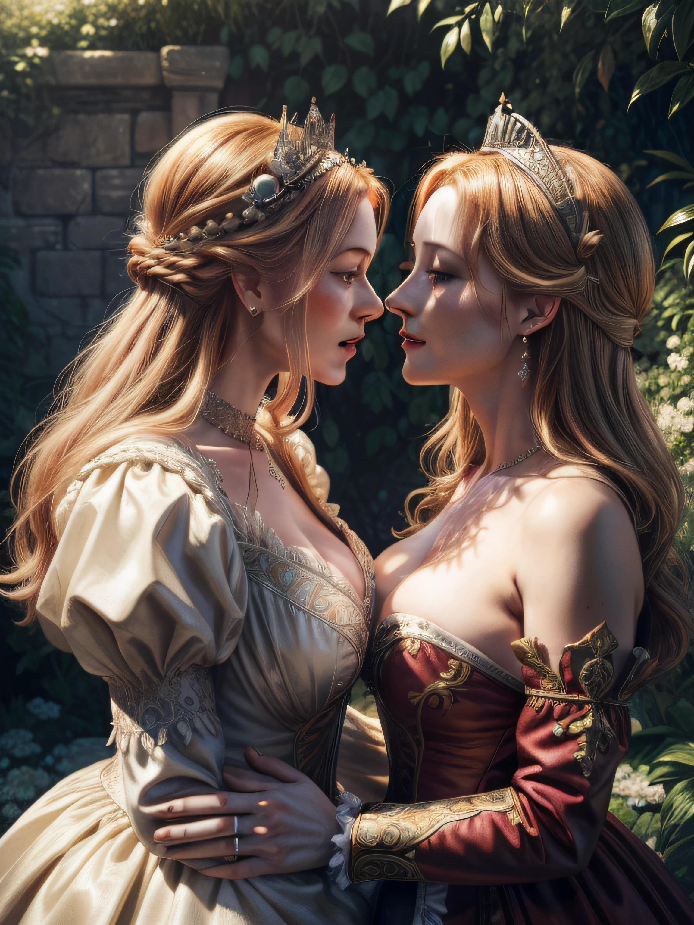 (Queen Elizabeth I) and (Queen Elizabeth II) having afternoon tea in the garden of Eden and with their hands on each other's breasts and share a passionate kiss, detailed face, detailed eyes, happy laughter, insanely detailed and intricate, ultra-sharp and clear, volumetric lighting, ultra-high resolution, masterpiece hyper realistic artwork of Frank Bellamy, insanely detailed and intricate, centered, Professional Color Grading by Kenneth Hines Jr., trending on Artstation