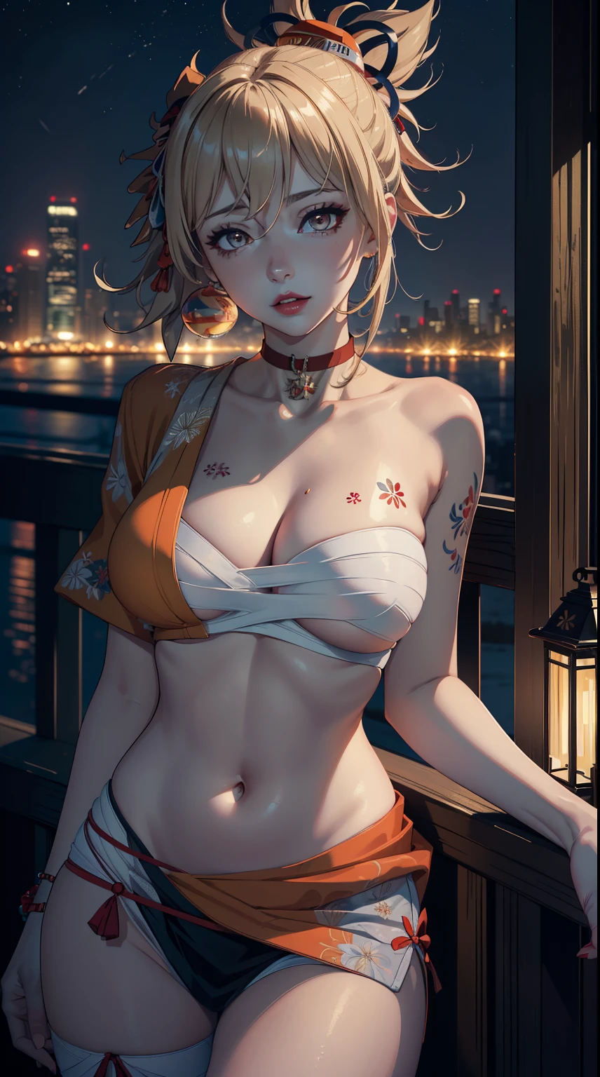 ((masterpiece)),(bestquality),((ultra-detailed)), ((beautiful detailed sky)), ((cinematic lighting)), depth of field, (dynamic angle),detailed lighting,(beautiful detailed eyes), ((night city view)),red lip, eyeshadow,large breast, ((sexy)), cleavage, navel, yoimiyadef, yoimiyarnd