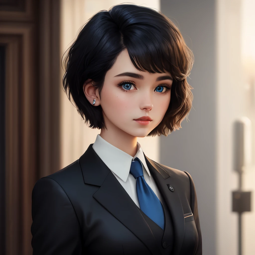 A dark-haired, blue-eyed young woman, dressed in a stylized and detailed black suit. Short haircut