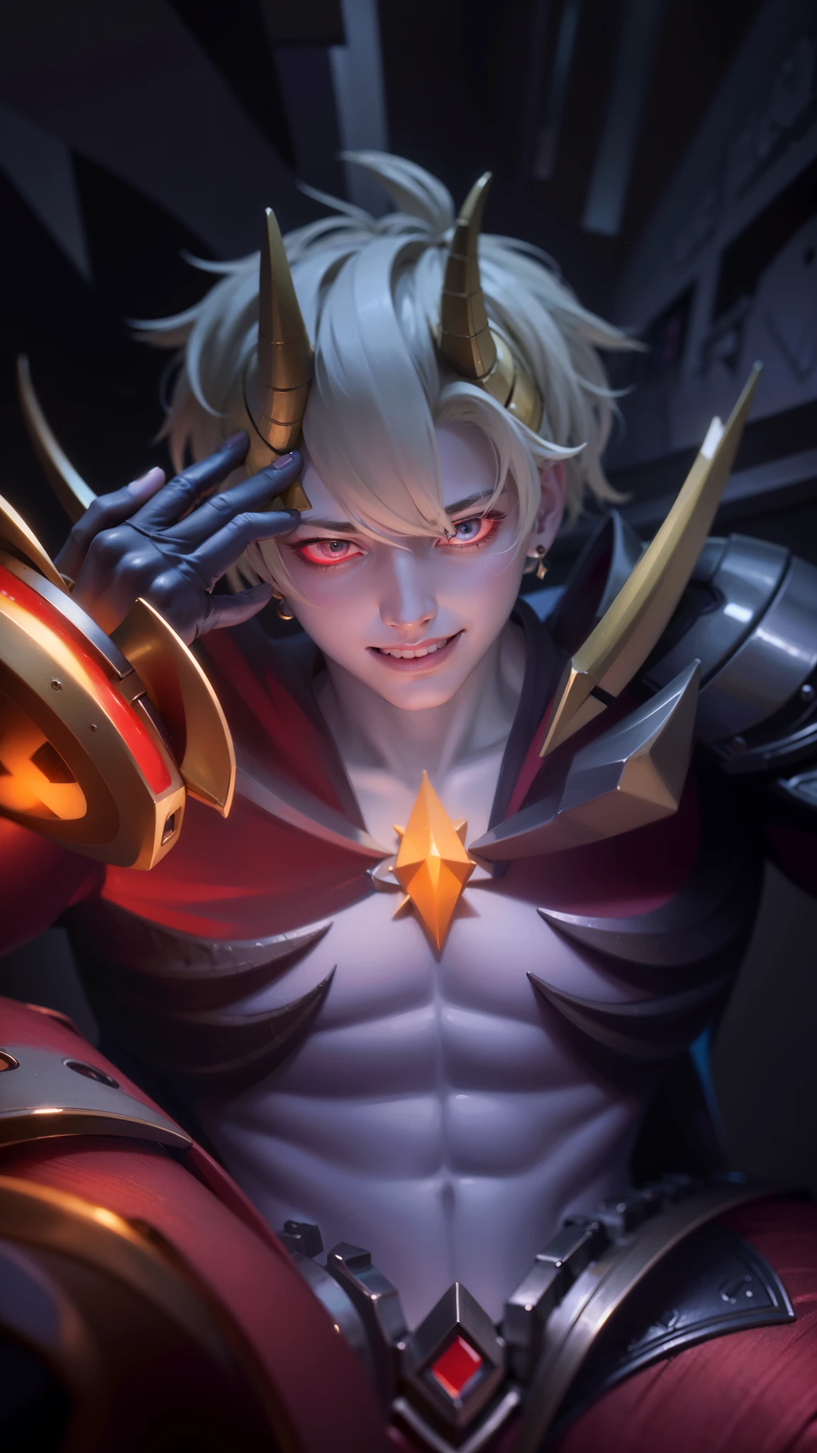 masculine male, masterpiece, ((perfect eyes)) best quality, (semirealism:1.9), beautiful lighting, (extremely detailed CG unity 4k fhd wallpaper), High Detail, Sharp focus, dramatic outdoors, 1 boy ,19 years old, white hair, light purpel eyes, smile, Boy with two big horns, big earrings on ears, elf ear, red eyes, Thick eyebrows, evil smile, grinning,red body, red face, Burning skin, yellow diamonds glistening on chest, burning red skin,golden robe behind, big white belt , 8k , realistic, scary.