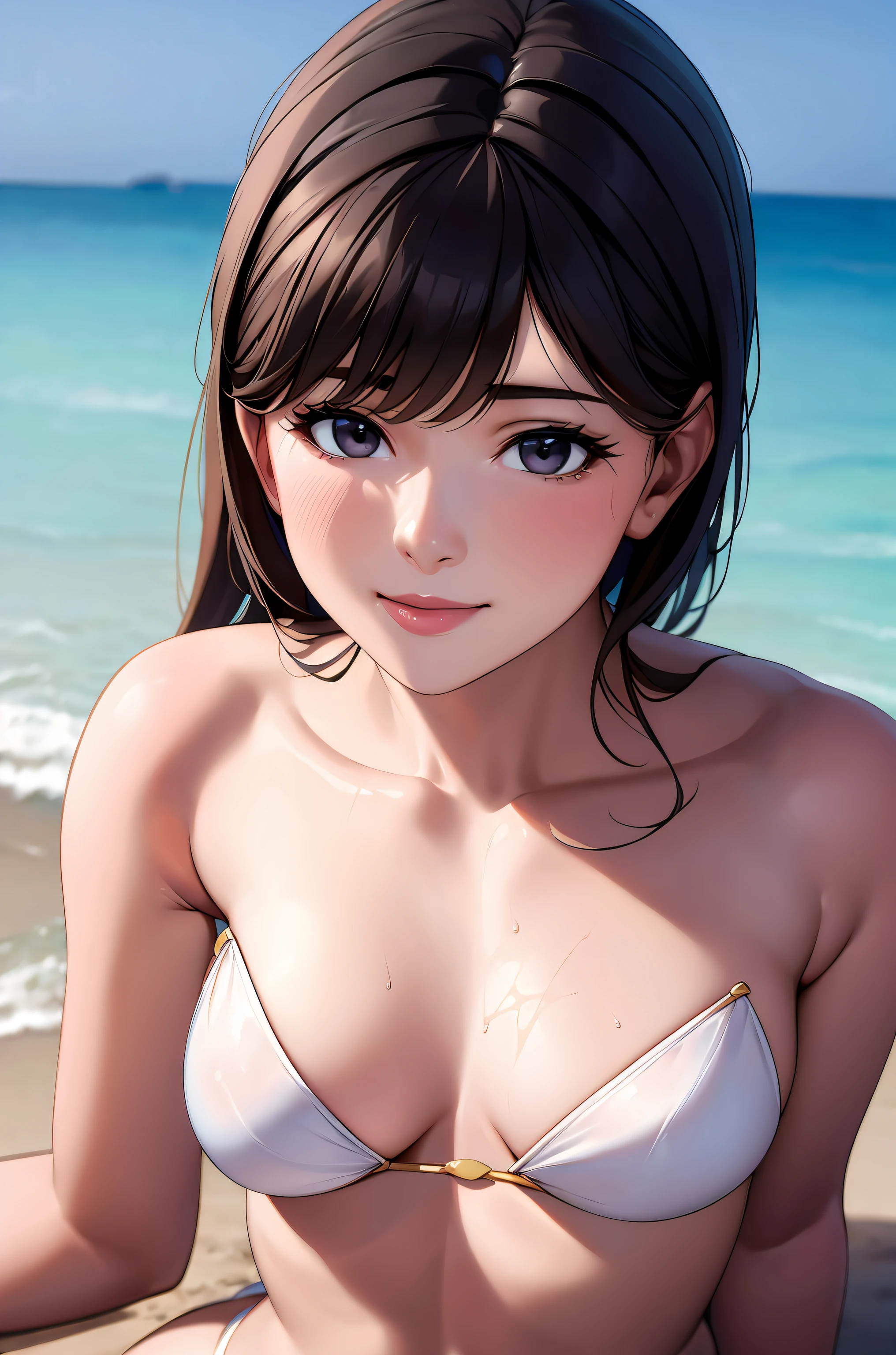 (8k, masterpiece), ultra high resolution, (realistic, photo-realistic), Malala Yousafzai, swimsuit, in the beach, giving a cute and sexy smile, delicate face, detailed skin, realistic skin details, visible pores,