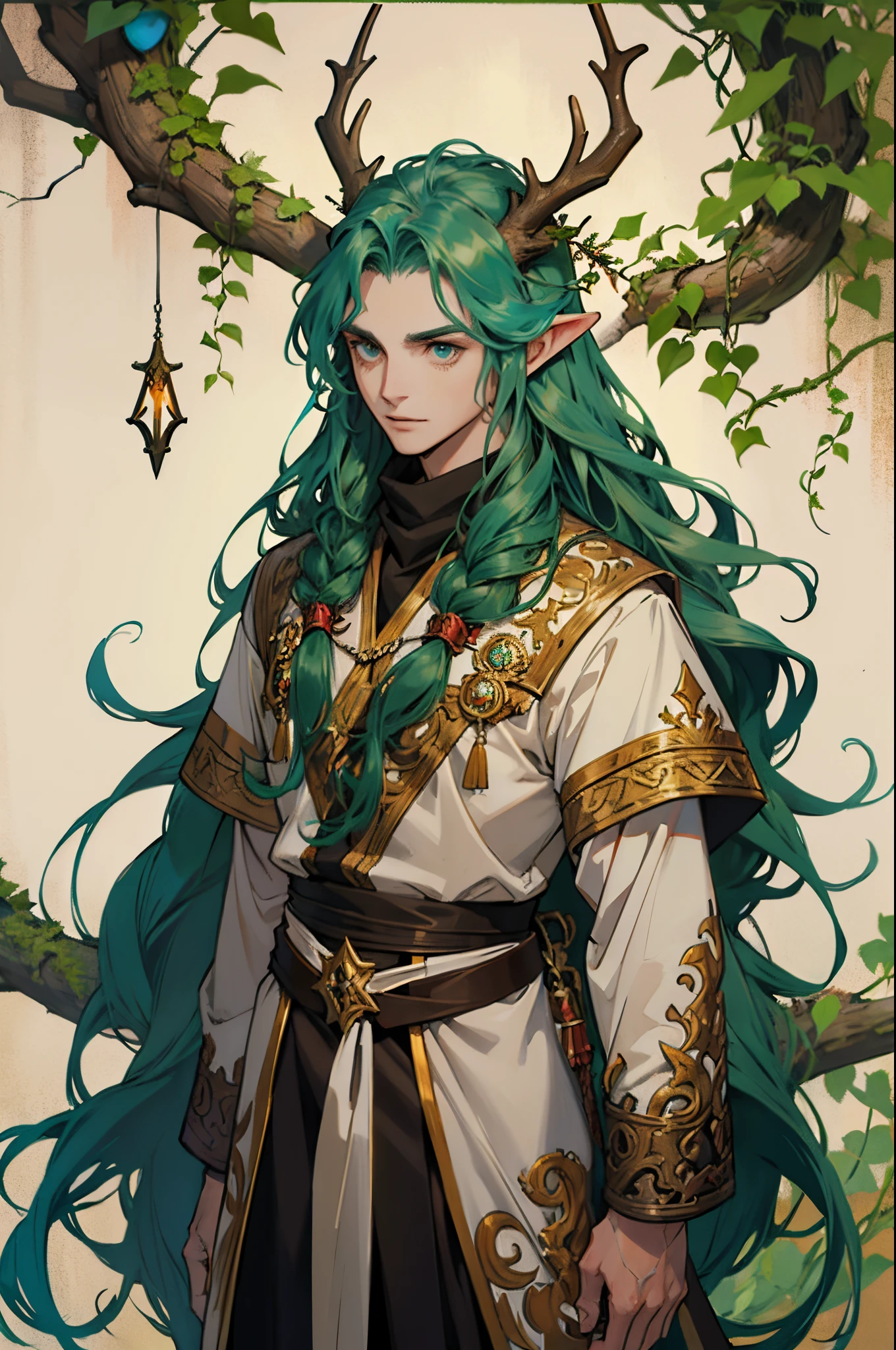 Dungeons and dragons, character reference, male satyr, druid, antlers, forest, long hair, fantasy, elk ears, vines