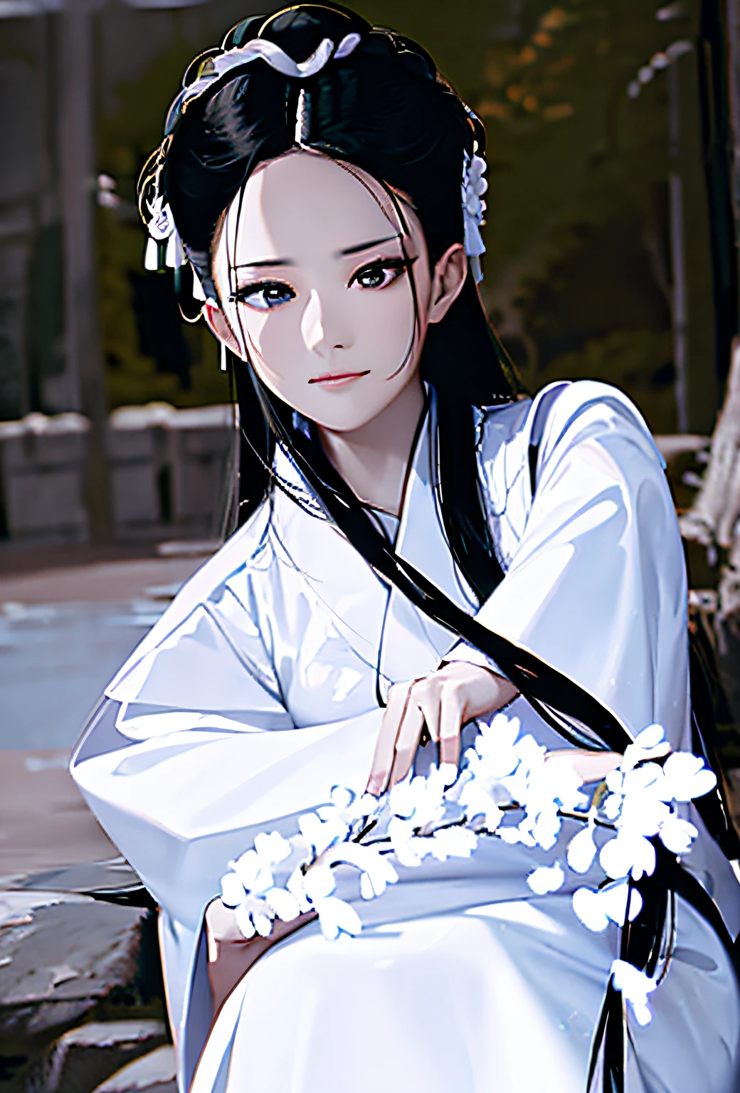 Close-up of a woman in a white dress sitting on a rock, White Hanfu, Palace ， A girl in Hanfu, Hanfu, with acient chinese clothes, Traditional Chinese clothing, Wearing ancient Chinese clothes, flowing white robe, Chinese girl, Chinese costume, Chinese style, ancient chinese beauti, inspired by Chen Yifei, flowing white robe