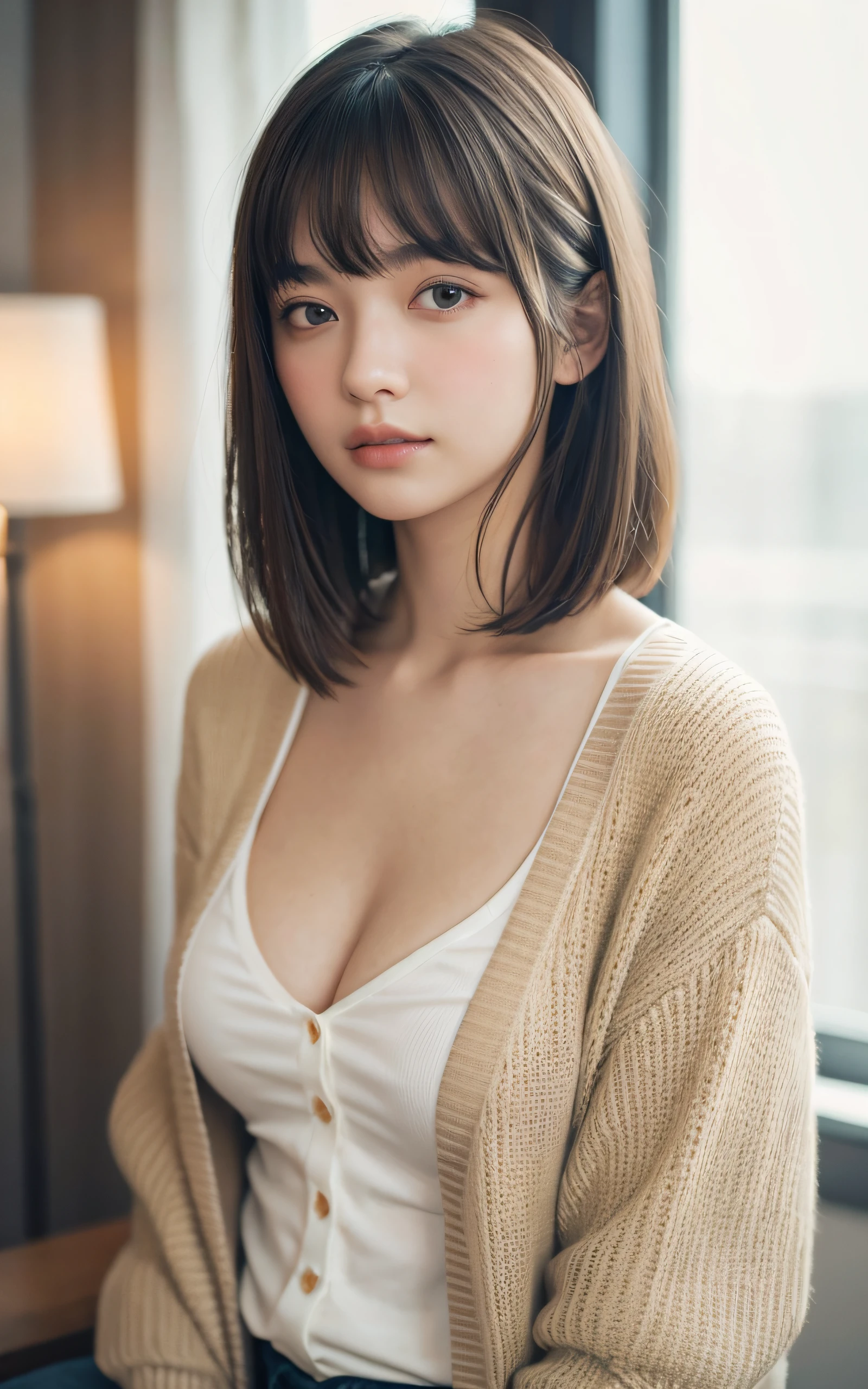masterpiece, Best Quality, 8K, 20 yo, Large breast, cuddly, Solo, sad, Cute, Girly, Delicate girl, Neat and clean beauty, Raw photo, Professional Photography, Portrait, Soft light, Professional Lighting, Back lighting, Upper body, Looking away, Sophisticated, Film grain, (Eyes and faces with detailed:1.0), short length floating hair, beautiful flowing hair, bangs, cardigan