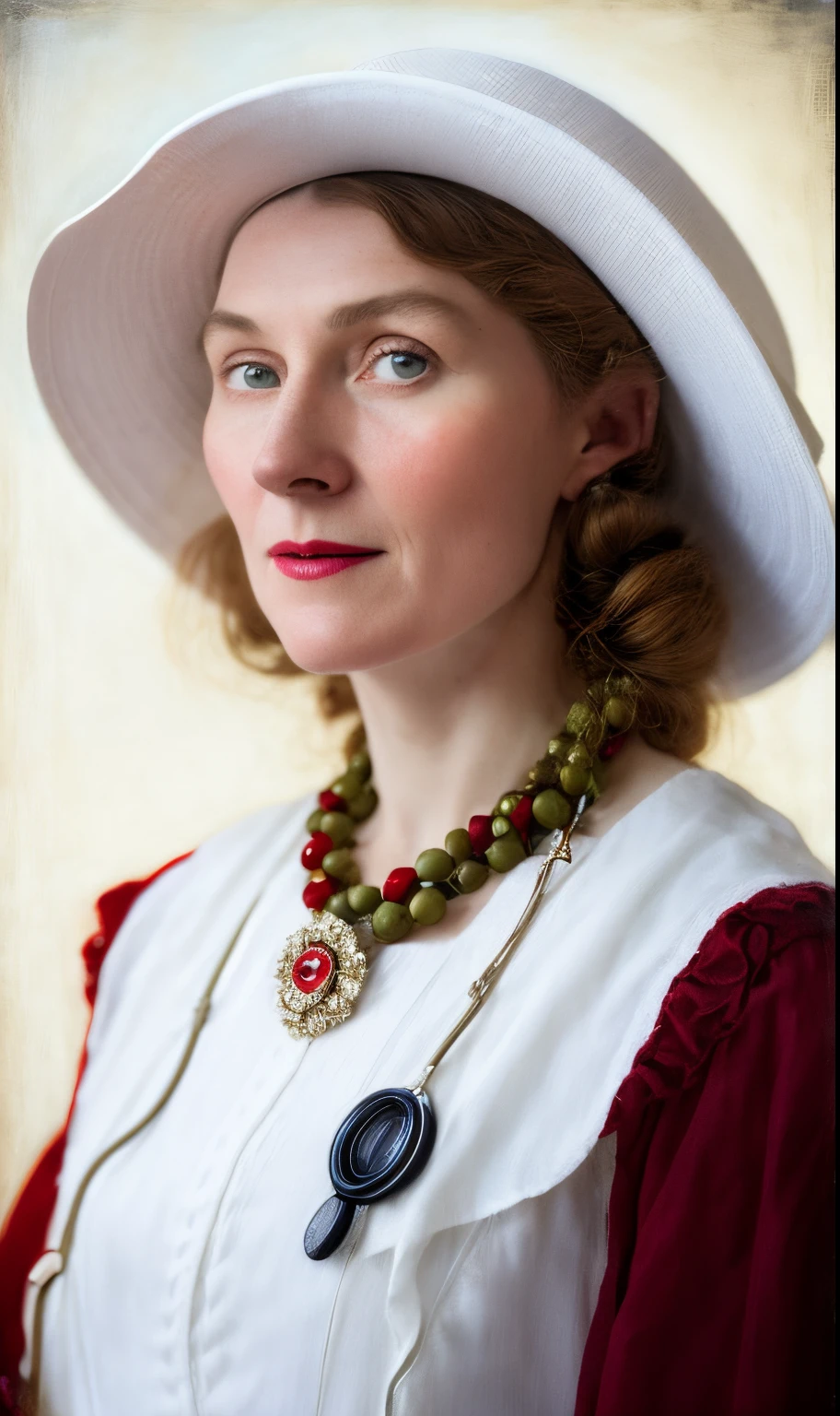 there is a woman in a white hat and red dress, inspired by Olive Mudie-Cooke, close portrait, inspired by Barthélemy d'Eyck, inspired by Elsie Dalton Hewland, inspired by Nora Cundell, inspired by Mary Dignam, portrait of a nurse on a stool, portrait shot, inspired by Hubert van Eyck