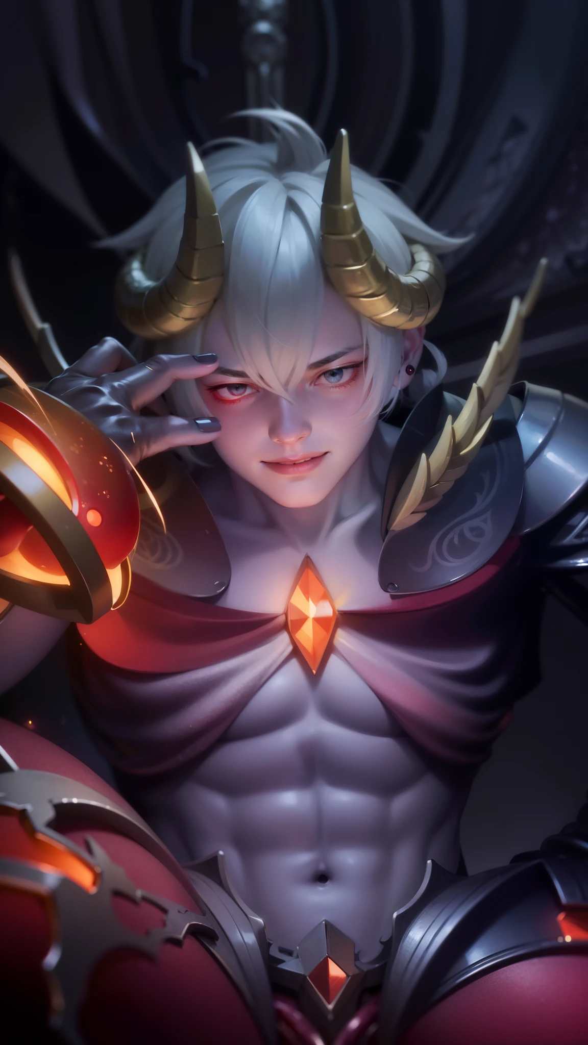 masculine male, masterpiece, ((perfect eyes)) best quality, (semirealism:1.9), beautiful lighting, (extremely detailed CG unity 4k fhd wallpaper), High Detail, Sharp focus, dramatic outdoors, 1 boy ,19 years old, white hair, light purpel eyes, smile, Boy with two big horns, big earrings on ears, elf ear, red eyes, Thick eyebrows, evil smile, grinning,red body, red face, Burning skin, yellow diamonds glistening on chest, burning red skin,golden robe behind, big white belt , 8k , realistic, scary.
