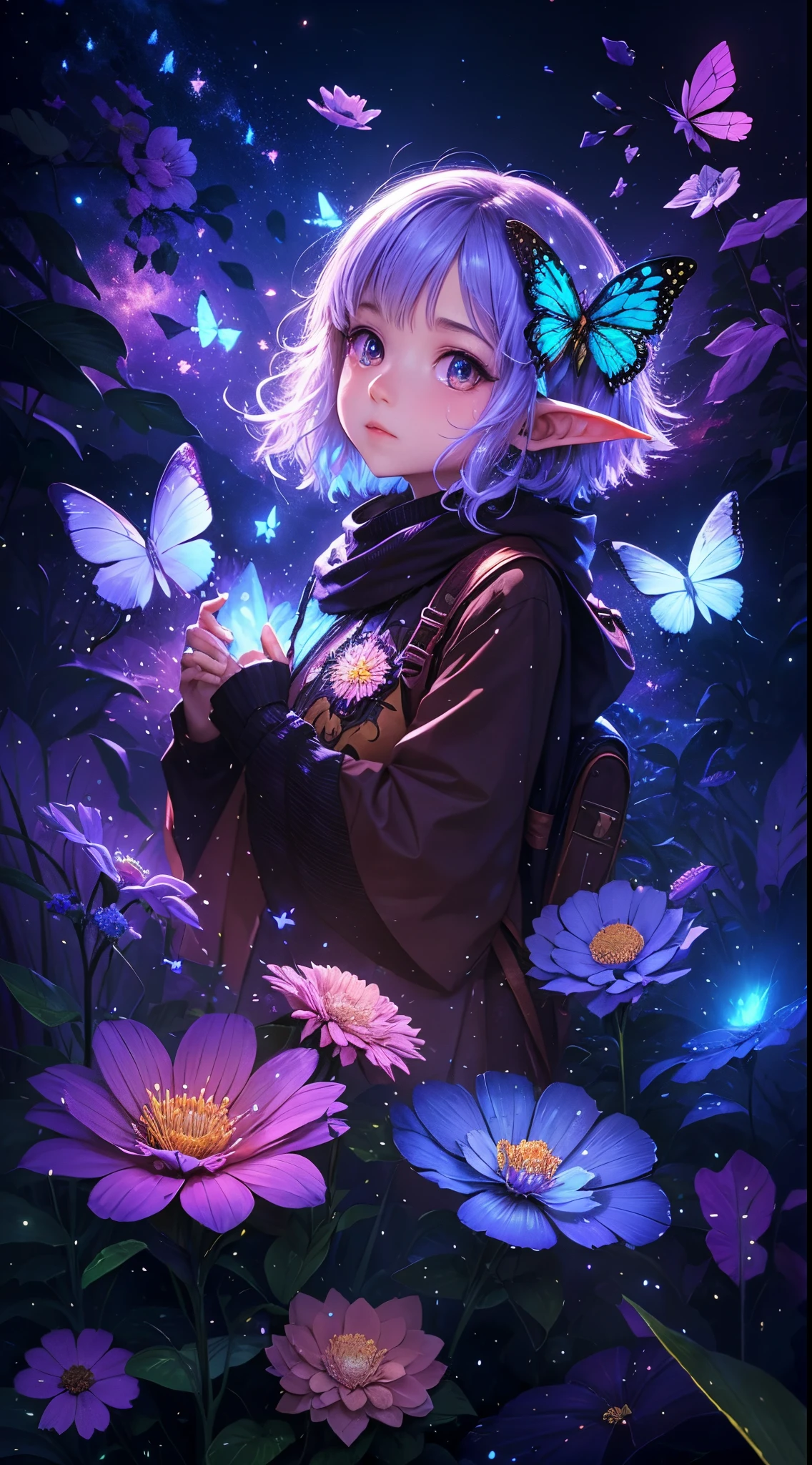 Elf Girl，butterfly wings，Glowing light，Colorful，（（Best quality at best））， （（tmasterpiece））， （（（Giant glowing butterfly））），dance，Enhanced dynamic viewing angle，jungles，（（（nighttime scene））），themoon，（（The butterfly spreads its huge wings，shimmering under the moonlight，A river of stars flows in front of him）），Sparkling creek，（Adventurer backpack），（weeds），blooming flower，（（（adventurer clothing））），glowing effect，ultra - detailed，Works of masters，high high quality，8K分辨率，depth of fields，电影灯光，epic shooting，high high quality，ultra - detailed，Detailed pubic hair，Accurate，电影灯光