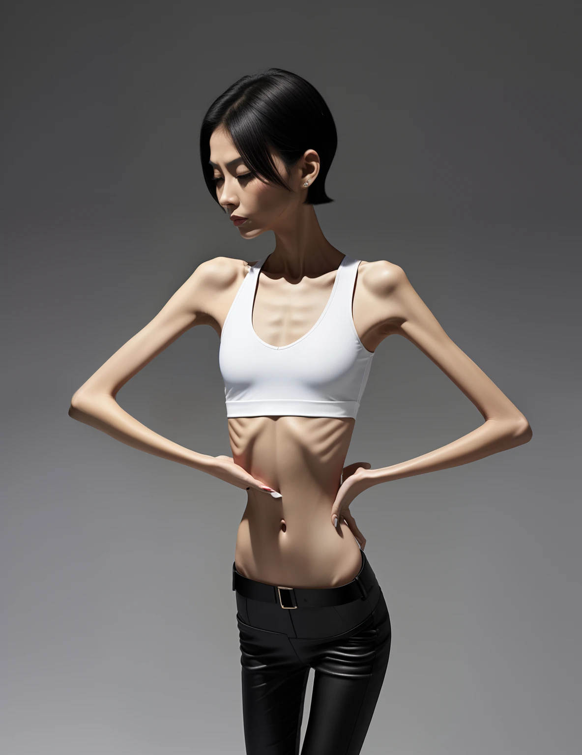very thin woman, A thin body,Protruding sternum,The waist is very thin,The ribs are noticeable,Protruding ribs,The pelvic protrusion is very obvious,The pelvis is markedly elevated,Fair skin,thin shoulde,The waist is very thin,Sunken abdomen,Delicate arms,sunken lower abdomen,Short hair details,Wear tight leather pants,Loose top,Asia face,The waist is particularly thin,angry look,Excessive weight loss,weeping,Face becomes thinner,Severe malnutrition,Effeminate woman