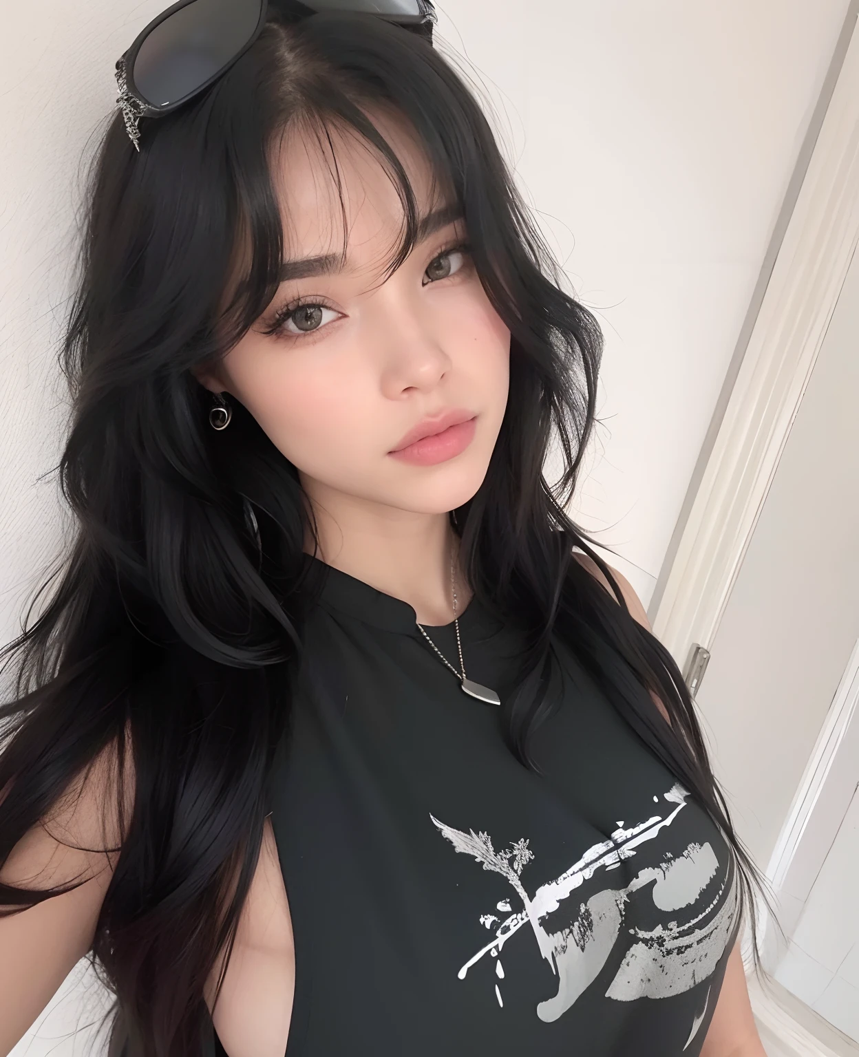 um close up de uma mulher com longos cabelos pretos vestindo uma camisa preta, Ela tem cabelo preto com franja, cabelos escuros longos com franja, cabelo preto longo com franja, com franja, cabelo ondulado preto com franja, franja preta, cabelo blackbangs cabelo, cabelo preto e franja branca, cabelos pretos e olhos grandes, cabelos longos com franja, com franja completa