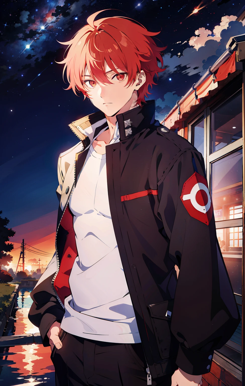um homem com uma jaqueta preta forte, 20 anos , he will be redhead  , olhos da cor vermelha ,  he will have a face similar to Gintoki Sakata  , the background will be a starry nightscape  ,  arte estilo anime jujutsu kaisen