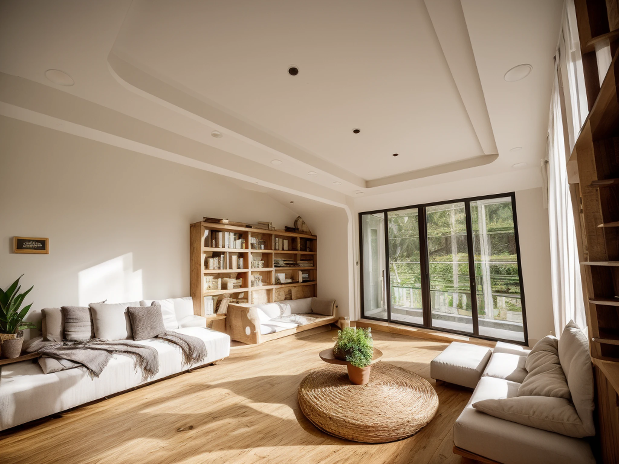 wabi sabi livingroom interior, large glass window, garden outside, dinning table and chair, couch, rough-hewn wood coffee table, sunlighting,neutral lighting, low contrast, potted plant, picture frame, bookshelf, books, drape