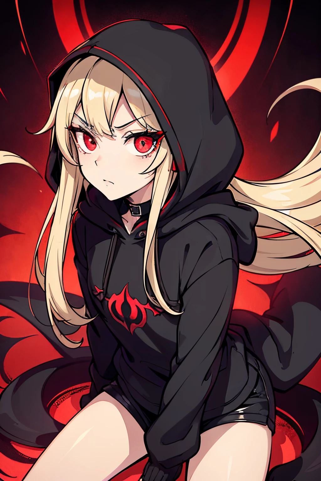 best quality, expressive eyes, perfect face, small shorts, sleek legs, black hoodie, hood over head, hood raised, long blonde hair, glowing eyes, red eyes, side glance, hands in pockets, gothic sweater, goth, demon, demonic, demon-like features, beautiful face, crazed eyes, Yandere, insane, hellish
