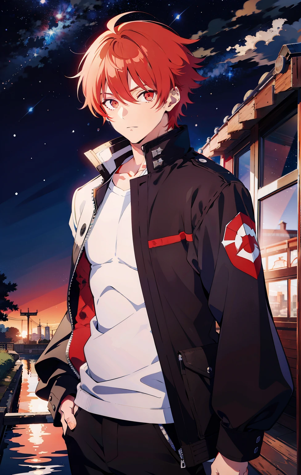 um homem com uma jaqueta preta forte, 20 anos , he will be redhead , olhos da cor vermelha , he will have a face similar to Gintoki Sakata , the background will be a starry nightscape , arte estilo anime jujutsu kaisen