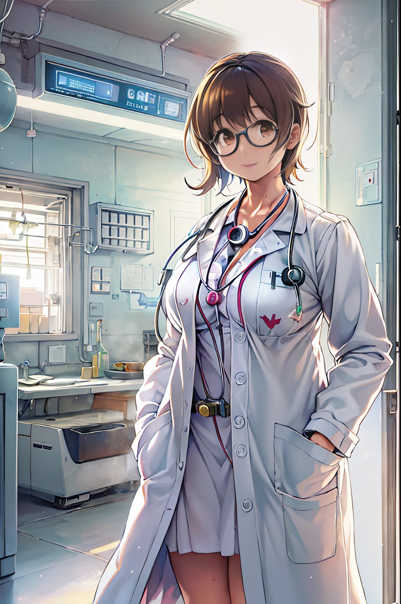 Anime character wearing a white lab coat, Smooth Anime CG Art, with white coat, wearing a white hospital gown, wearing lab coat and a blouse, With a stethoscope, doctor, makoto shinka, wearing lab coat, (doctor), By Shinkai Makoto. a digital rendering, stethoscope!, photorealistic anime girl render