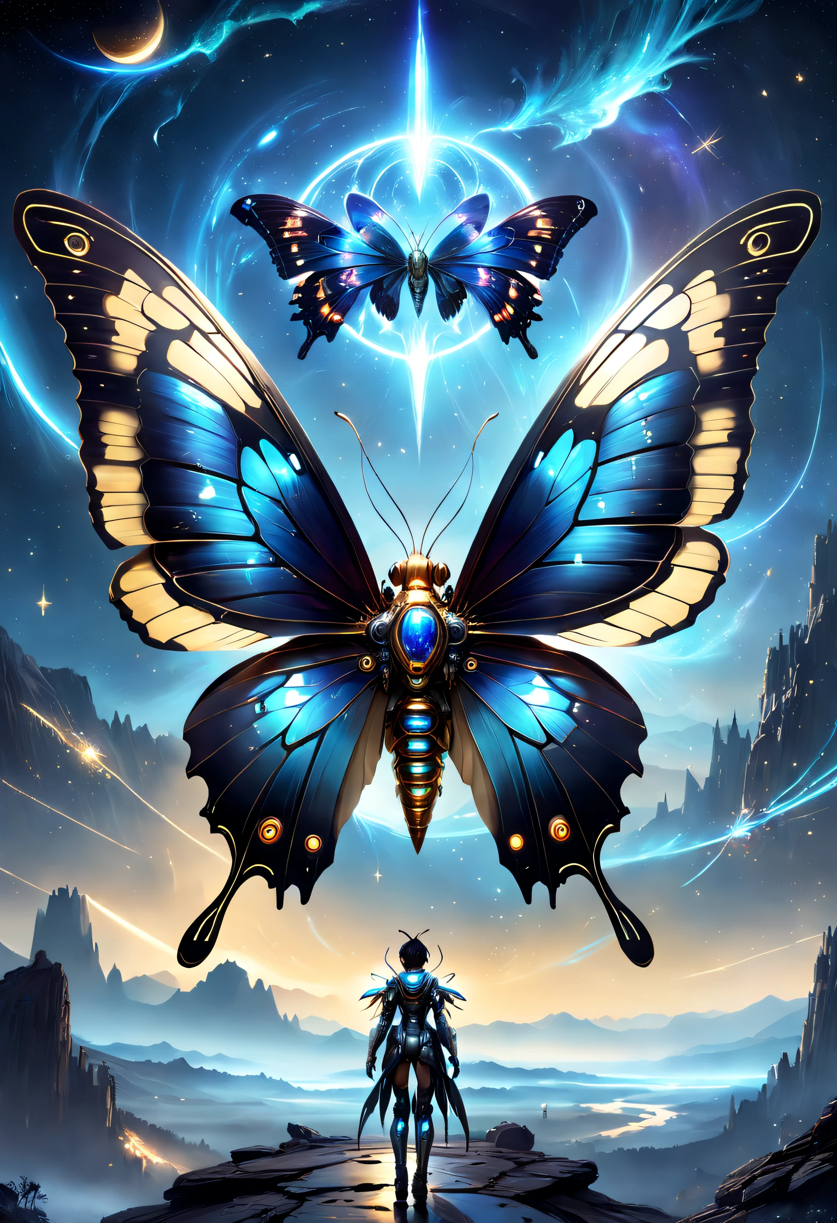 hyper HD, super detailing, Best quality at best, high detal, 1080p, 16k, A high resolution，Butterfly close-up，Butterfly with sparkling surface, amazing symmetrical wings, Magic Crystal Butterfly, Magic butterfly with diamonds, purple sparkles, gold and purple, butterfly bright,, Sparkling gold butterfly, glowing purple, The background is the mysterious cosmic starry sky, butterfly photography, Gemstones and yellow gold rings，(The best illustrations)，(The best shadow)，isometric 3D.octaneratingrendering，Hyper-realistic