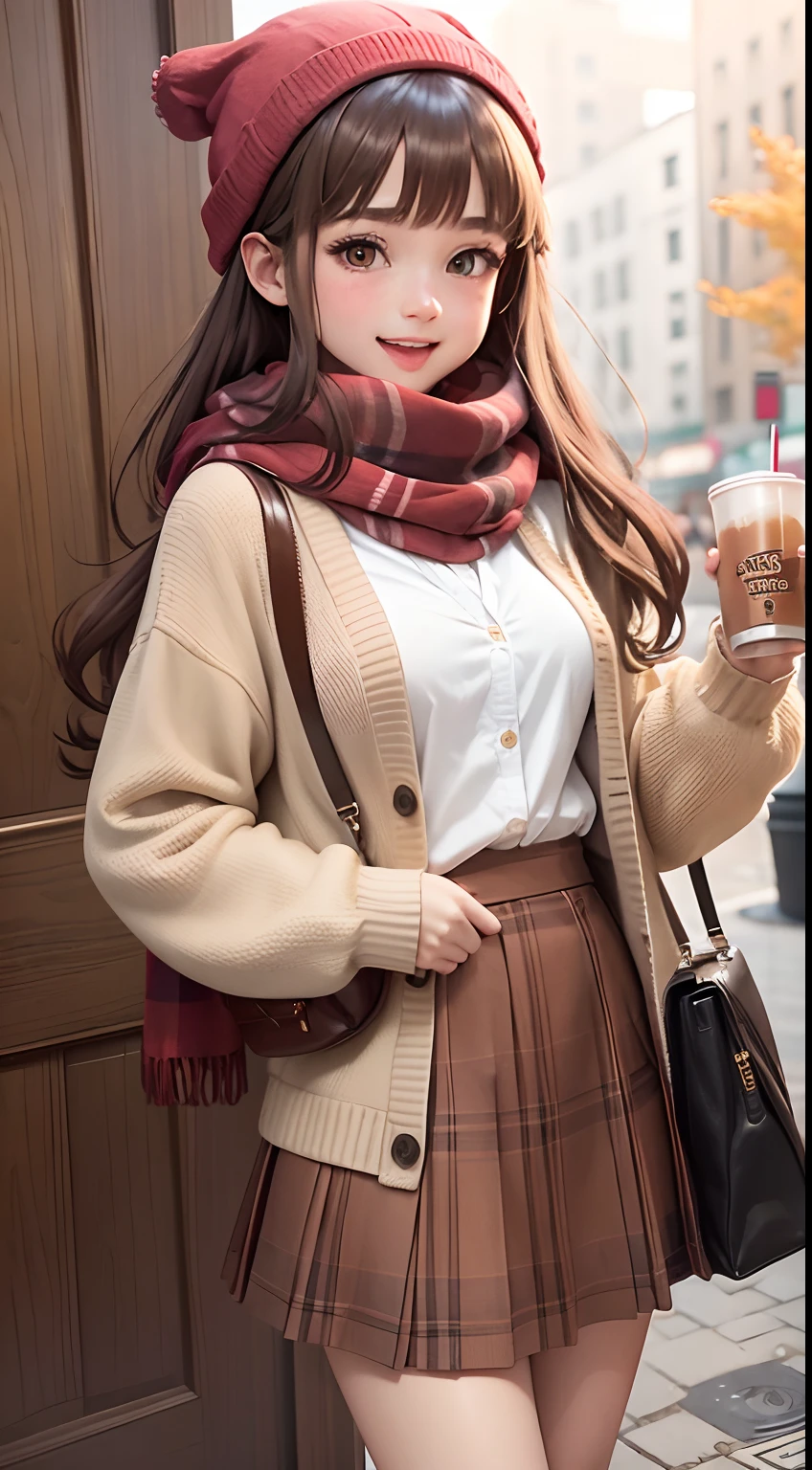 1girl in, Autumn leaves, Bangs, black headwear, Blurry background, blush, Brown eyes, Brown hair, (Accurate Hand Modeling),brown scarf, Brown skirt, Cardigan, Cowboy Shot, cup, Disposable cups, Drink, Falling leaves, Beanie, Holding, Hold drinks, fronds, Long hair, Long sleeves, Looking at Viewer, open cardigan, Open mouth, Plaid, plaid skirts, puffy long sleeves, Red Sweater, scarf, Shirt, shirt tucked in, side locks, Skirt, Loafer shoes,Smile, Solo, Sweaters, White shirt, Extremely detailed, Convoluted, masutepiece, absurderes