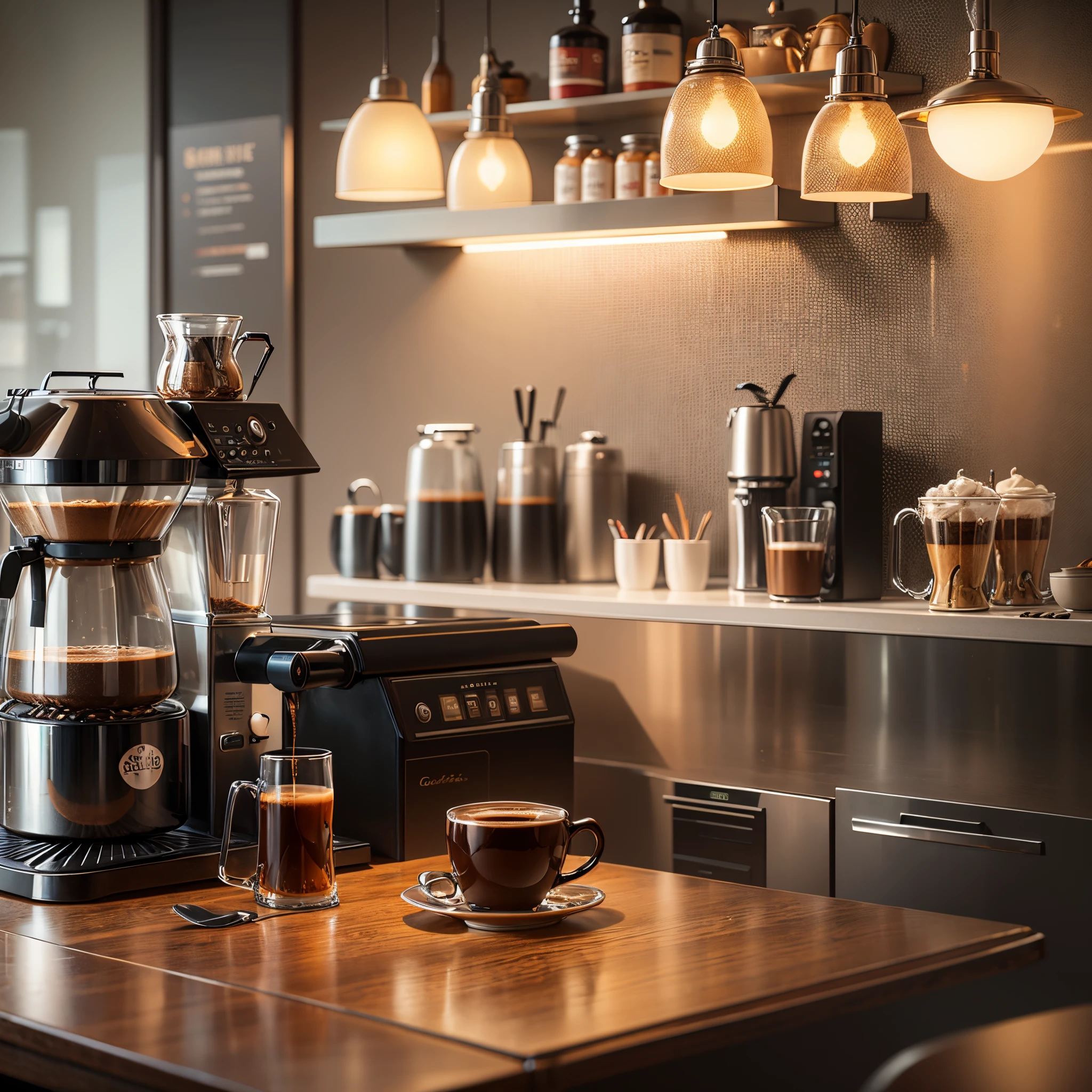 Coffee shop , art deco style , luxury , minimalism design , hd 8k , details , light warm-up, sharpen details 8k, fullcolor , coffee machine --auto --s2
