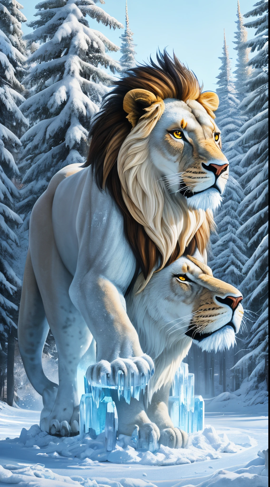 Picture a remarkable ice sculpture portraying a lion engaged in a snowboarding theme. Executed in a realistic painting style, the intricacies of the frozen medium capture the essence of the majestic creature in motion. The lion, confidently maneuvering a skateboard downhill, exudes a mix of regality and playfulness. The icy textures and subtle reflections on the sculpture emphasize the dynamic nature of the scene, making it a unique and visually captivating work of frozen art. --auto --s2