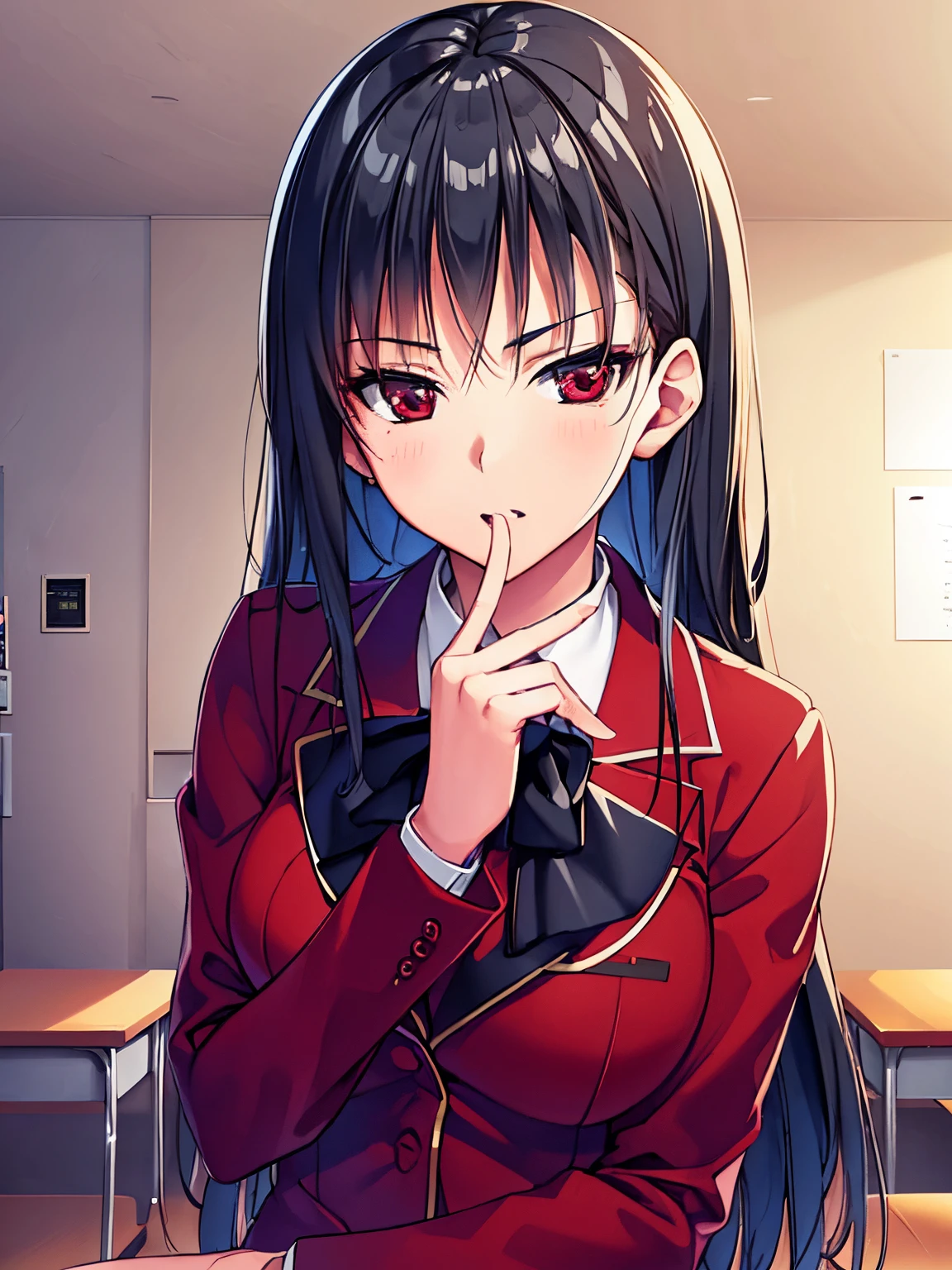 a woman in red school uniform,black hair, red eyes, classroom
masterpeace, best quality, (extremely detailed CG:1.4), highly detailed faces