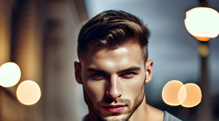 closeup portrait of a young sexy Ukrainian man with revealing Fit and flare dress in city , symmetrical face, Outdoor lighting, Brooding atmosphere, sharp eyes