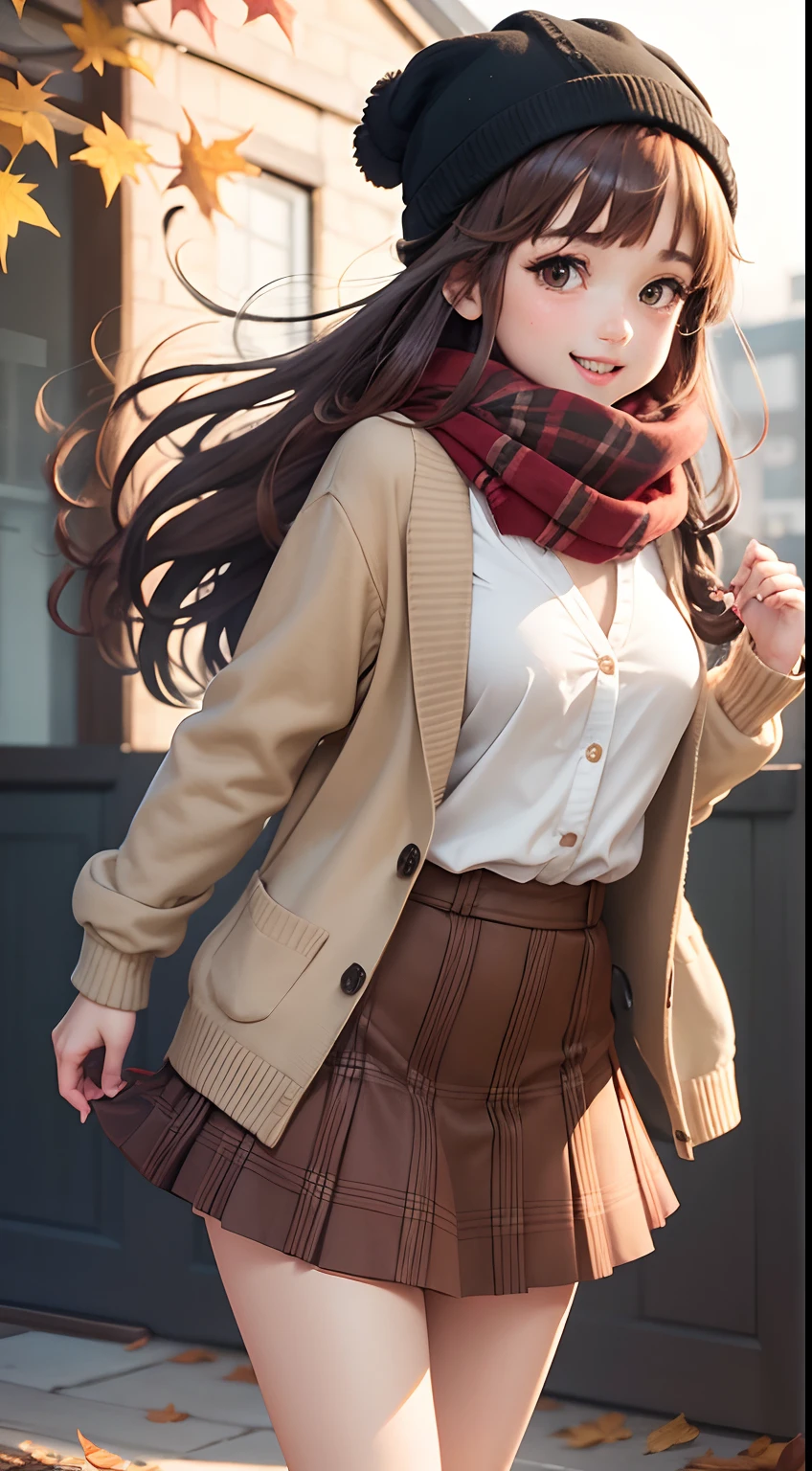 1girl in, Autumn leaves, Bangs, black headwear, Blurry background, blush, Brown eyes, Brown hair, (Accurate Hand Modeling),brown scarf, Brown skirt, Cardigan, Cowboy Shot,Falling leaves, Beanie, Holding,fronds, Long hair, Long sleeves, Looking at Viewer, open cardigan, Open mouth, Plaid, plaid skirts, puffy long sleeves, Red Sweater, scarf, Shirt, shirt tucked in, side locks, Skirt, Loafer shoes,Smile, Solo, Sweaters, White shirt, Extremely detailed, Convoluted, masutepiece, absurderes