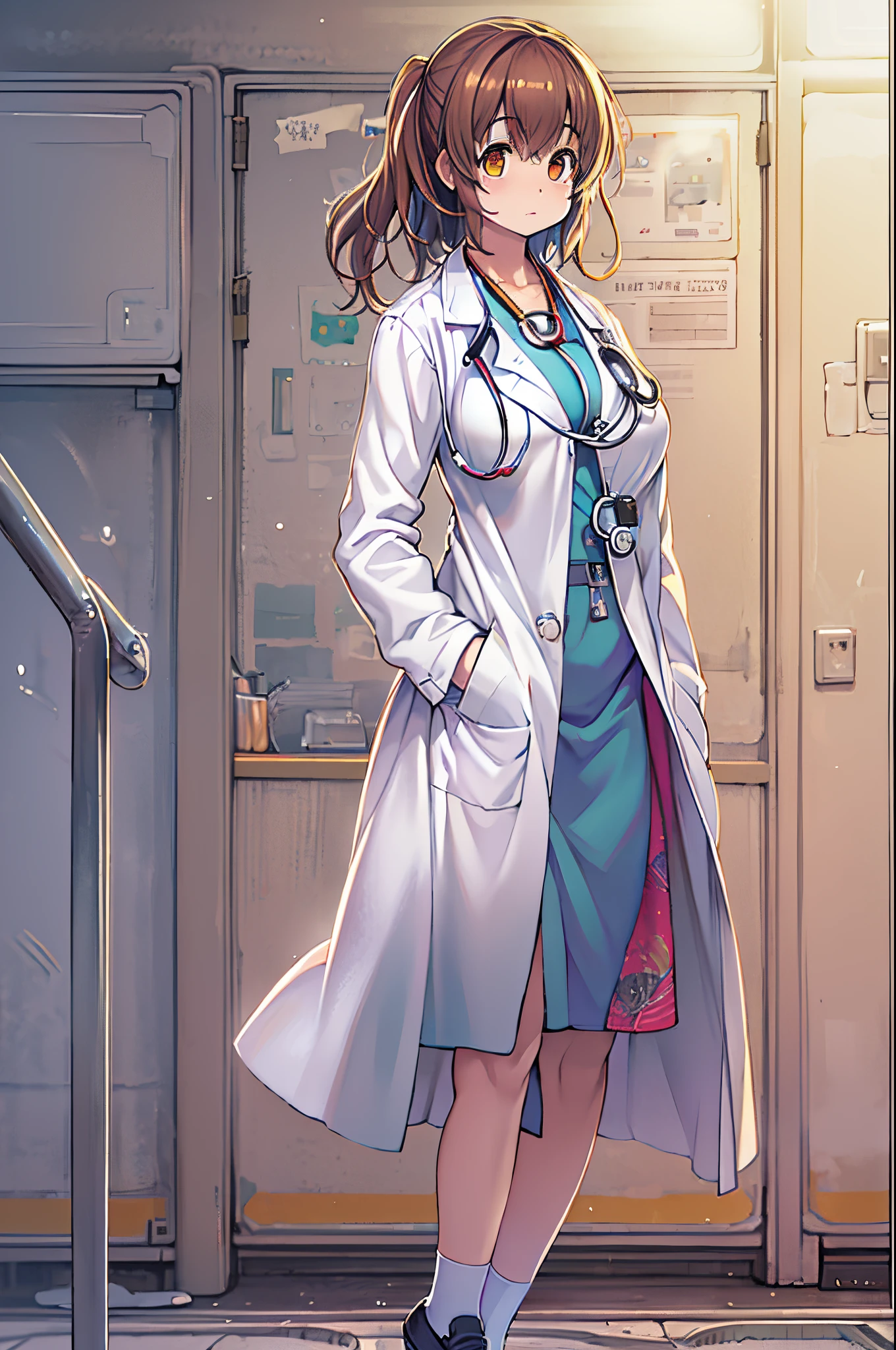 (Best Quality, masutepiece: 1.1), 1 girl、Anime character wearing a white lab coat, Smooth Anime CG Art, with white coat, wearing a white hospital gown, wearing lab coat and a blouse, With a stethoscope, doctor, makoto shinka, wearing lab coat, (doctor), By Shinkai Makoto. a digital rendering, stethoscope!, photorealistic anime girl render