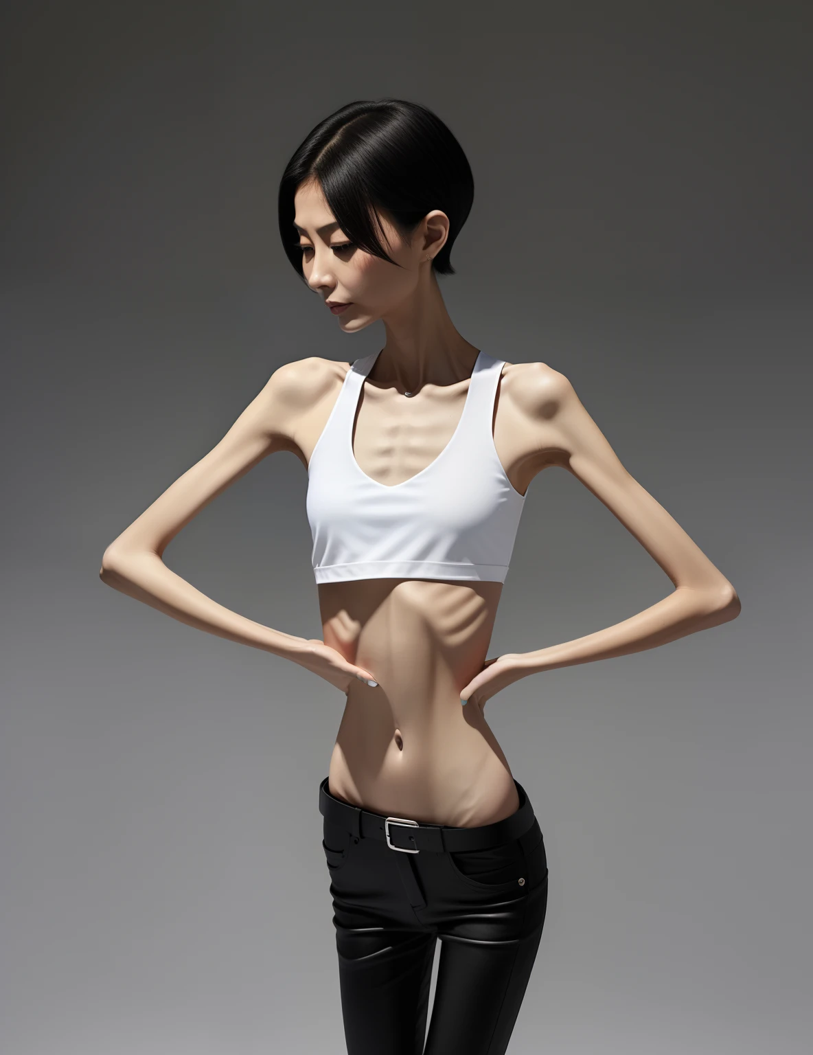 very thin woman, A thin body,Protruding sternum,The waist is very thin,The ribs are noticeable,Protruding ribs,The pelvic protrusion is very obvious,The pelvis is markedly elevated,White skin of the,thin shoulde,The waist is very thin,Sunken abdomen,Delicate arms,The lower abdomen is depressed,Short hair details,Wear tight leather pants,Loose top,Asia face,The waist is particularly thin,angry look,Excessive weight loss,weeping,Face becomes thinner,Severe malnutrition,Effeminate woman