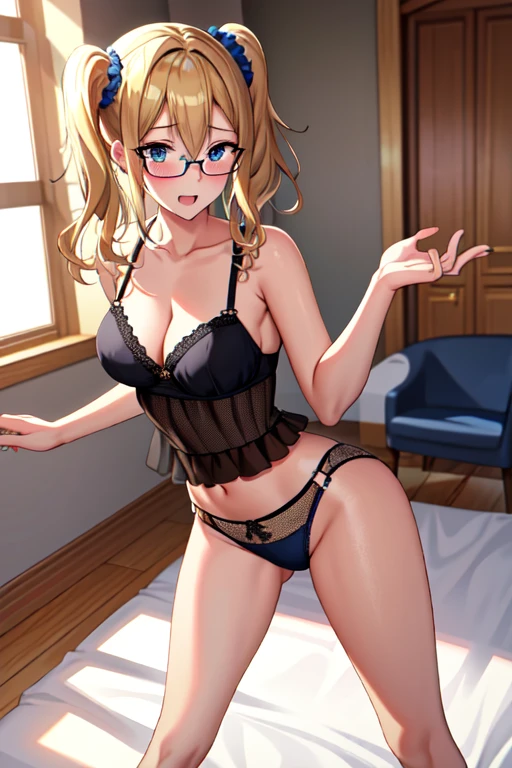 masterpiece, best quality, AiHayasakaV4, 1girl, solo, breasts, blush, blue eyes, blonde hair, bed,, hair ornament, hair between eyes, nail polish, side ponytail, black glasses, scrunchie, hair scrunchie, blue nails, blue scrunchie, black lace lingerie, medium cleavage, standing, sexy pose, wet, living room, sticks out, butt, smile, open mouth, blushing, moan face, ashamed, ashamed face, panting, black panties, bare legs, blue heels, looking at viever ,