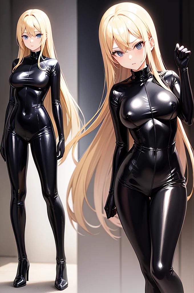 anime latex suit woman. blond hair, full black latex skin tight ????????.