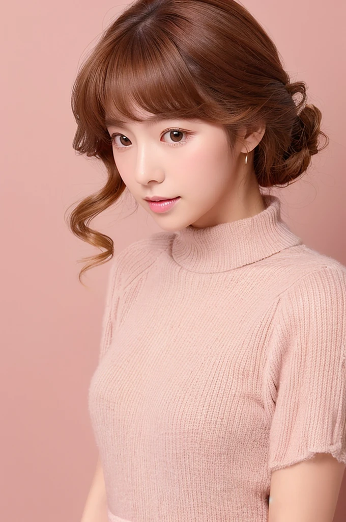 White background、femele、The color used is gold、pink there、Brown is the main color、Warm illustration style、The ends of the woman's hair are curled、FULL BODYSHOT