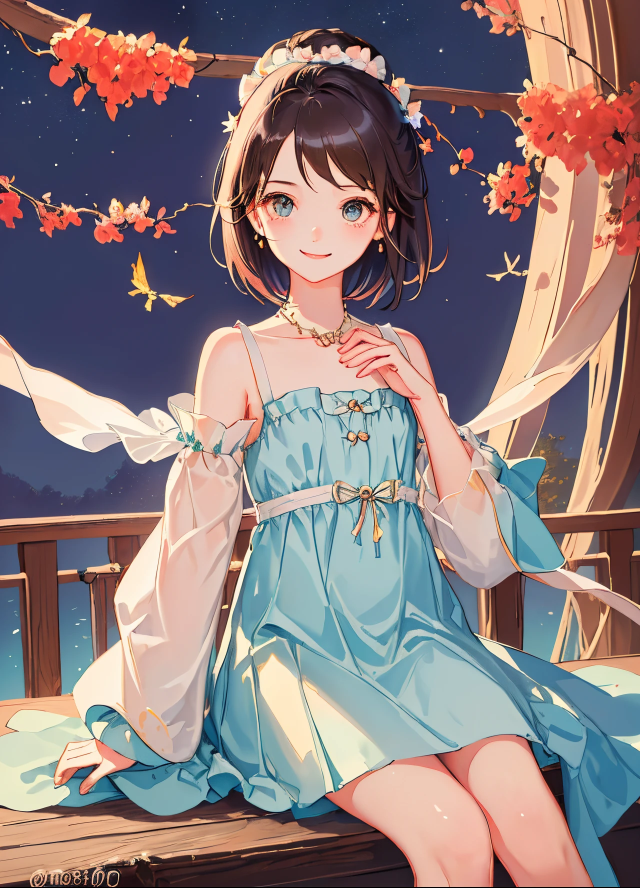 (10、RAW photography、top-quality、master-piece:1.2)、(reallistic、real light:1.37)、Ultra - High Resolution、1 Girl In、little cute、single、Beautiful sky、Detailed café、nighttime、Seated、date、(Red nose)、(smile:1.1)、(closed)、Chest mideum、beautidul eyes、(naked:1.1)、(Short Hair Hair:1.2)、floating hair