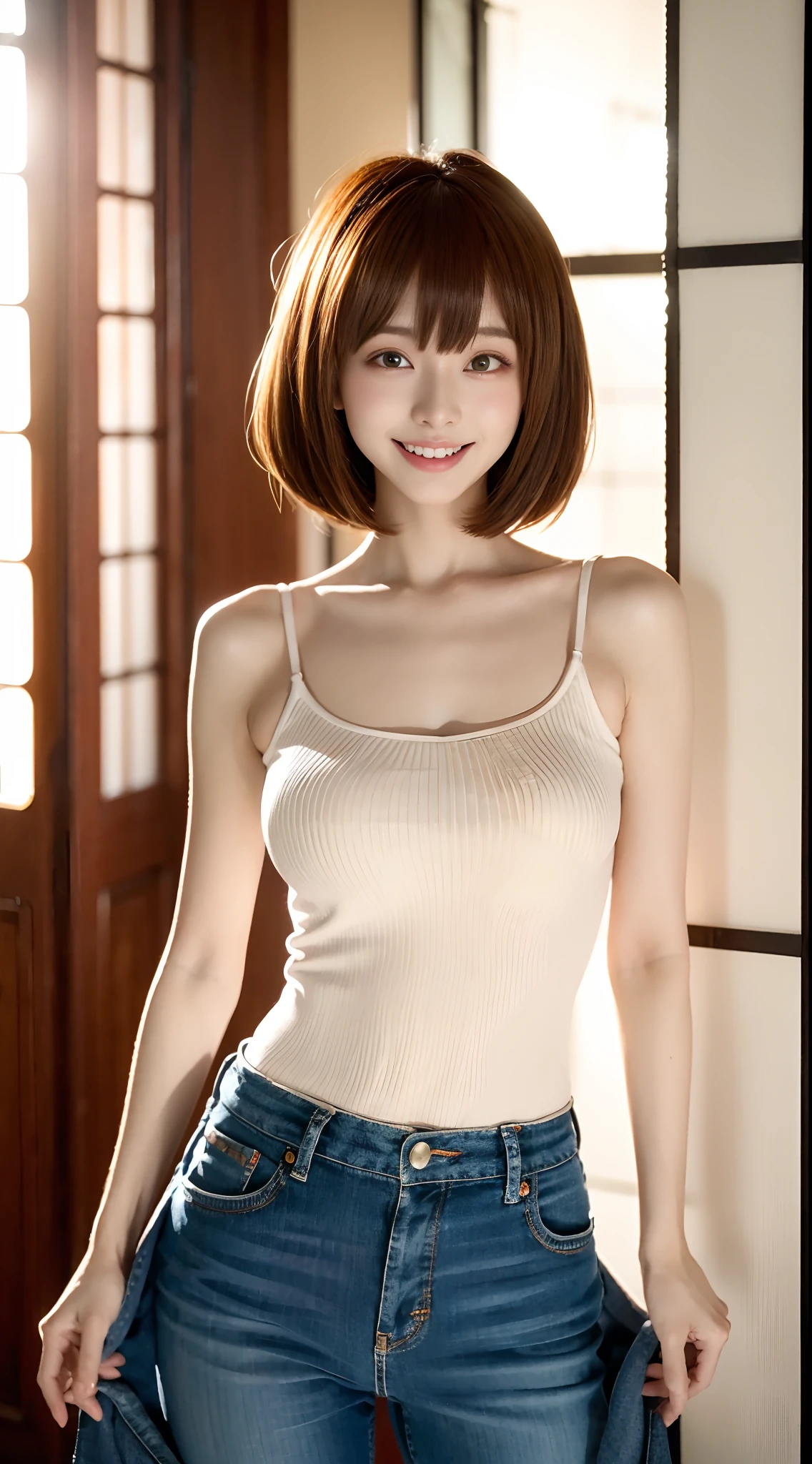 (masutepiece, top-quality:1.3), (Ultra detailed 8K cg:1.2), (hyper realisitic:1.35), (Photorealistic:1.45), (Realistic:1.4), Cowboy Shot,
1 beautiful Japanese girl, Cute, kawaii,(Big smile:1.2),(dimples),20 years old,No Make, middlebreasts,(cleavage:0.2), Narrow waist,(Wide buttock),Straight hair, Short hair, white fine skin,small mouth,slender, Sexy Pose,