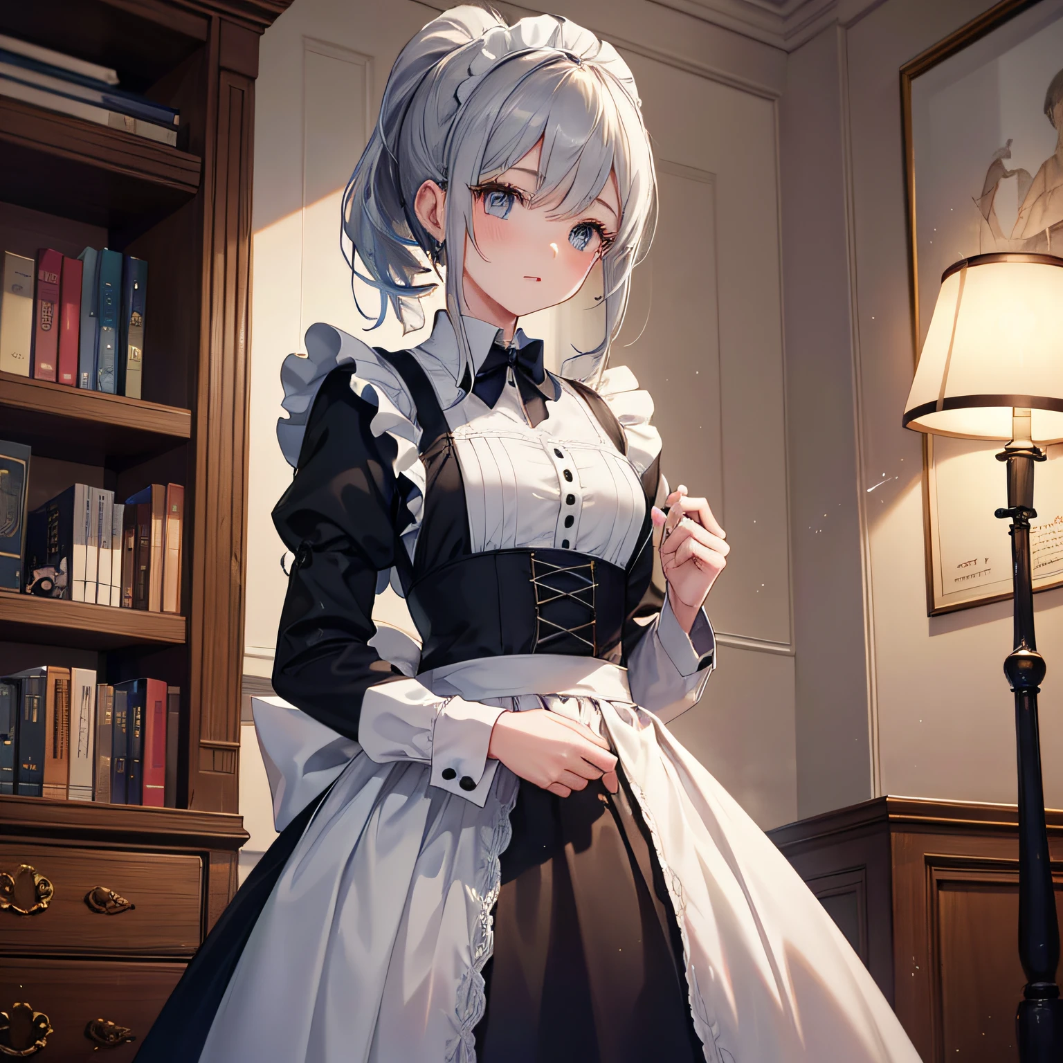 A young maid, her sadness reflecting the twenty years of life she has experienced, her light makeup accentuating the brightness and wisdom in her gray eyes. She is petite with a slightly slender figure, and her hair is tied up in a ponytail, the emblem of a ubiquitous young girl. Her immaculate and glamorous maid outfit serves as proof of her status and conceals the untold secrets she bears. However, in her hands, she holds a meticulously kept schedule and financial records, while the historical texts on the bookshelf are treasures she cherishes dearly. She is not a fragile bird in a cage but an ambitious young eagle ready to take flight.

(highres,4k,photorealistic:1.2),ultra-detailed,professional,sharp focus,studio lighting,portraits,beautiful detailed eyes,beautiful detailed lips,gray eyes,long eyelashes,elegant maid outfit,slender figure,ponytail hairstyle,meticulous records,treasured historical texts