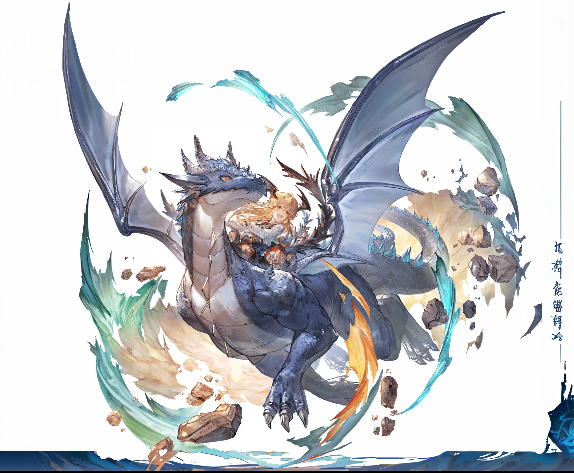(high quality, detailed, realistic, 4k, vibrant colors, professional lighting), a character from an anime flying in the air with a dragon on their back, commissioned art by d&d, inspired by the game Blue Fantasy, a majestic dragon with blue scales, an official artwork with intricate details, centered around the dragon, featuring a crystal dragon, the dragon is depicted in a blue color, a legendary dragon in the background, created by the artist Yang Jie, the dragon in the background is frosty and ethereal, an artistic representation of dragons.anime character with a dragon on his back flying through the air, d&d commision art dragon, granblue fantasy, wyvern, blue scaled dragon, high detailed official artwork, dragon centered, crystal dragon, blue dragon, epic dragon, by Yang J, colossal dragon as background, official art, colossal dragon in background, legendary dragon, frost dragon, dragon art