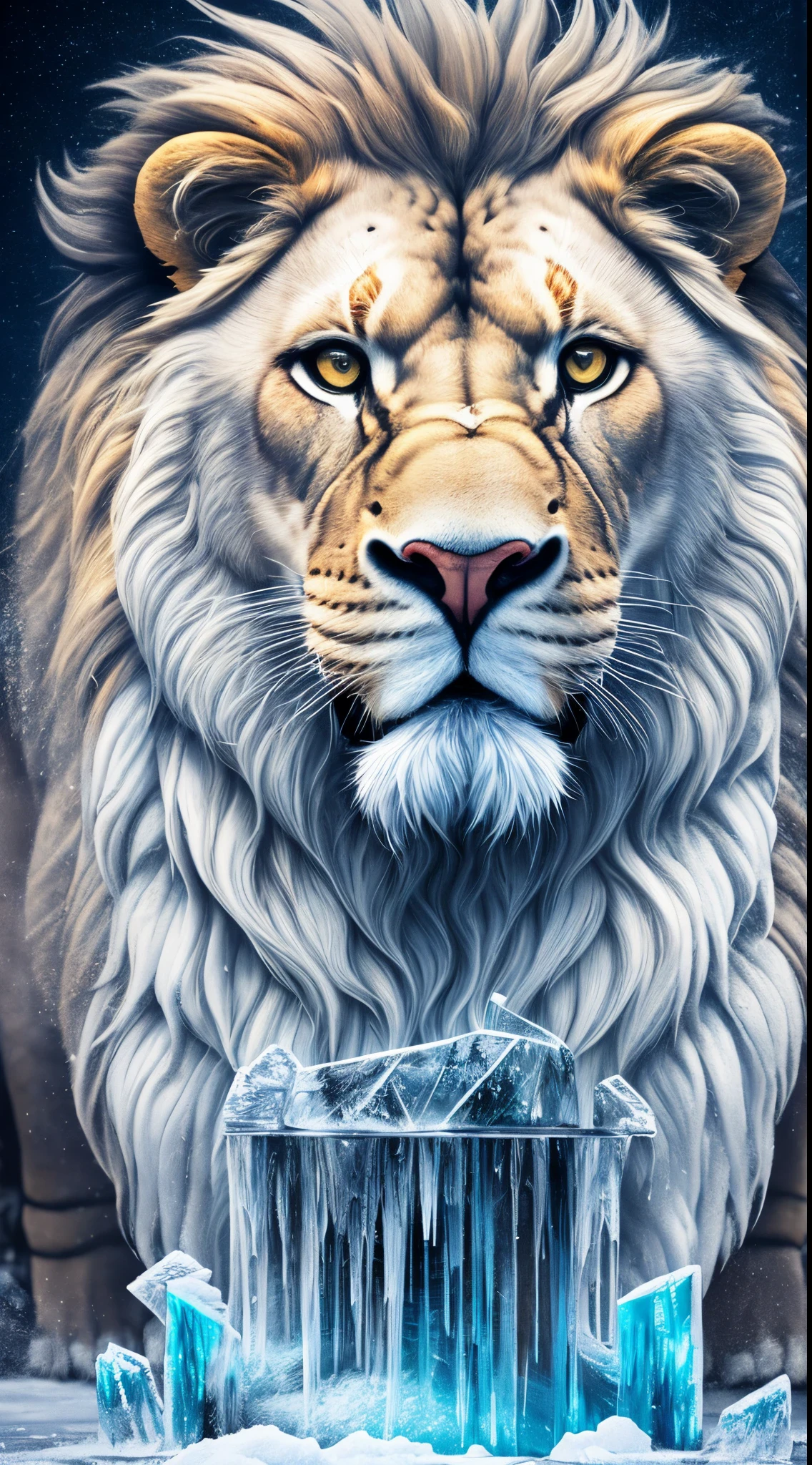 ((32k UHD high detail, 16k HDR cinematic art)) Picture a remarkable ice sculpture portraying a lion engaged in a snowboarding theme. Executed in a realistic painting style, the intricacies of the frozen medium capture the essence of the majestic creature in motion. The lion, confidently maneuvering a skateboard downhill, exudes a mix of regality and playfulness. The icy textures and subtle reflections on the sculpture emphasize the dynamic nature of the scene, making it a unique and visually captivating work of frozen art. Style “fujifilm XT3” --auto --s2