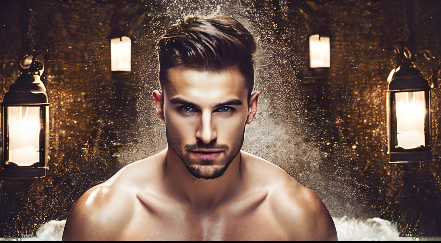 closeup portrait of a young sexy Ukrainian man with revealing Fit and flare dress in Spa retreat , symmetrical face,  Outdoor lighting, Brooding atmosphere, sharp eyes