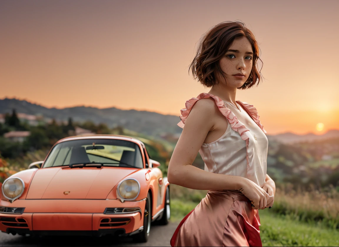 (((realistic))), (a girl stand leaning against front a vintage pale red porsche car:1.79), girl focus, ((see through white frilly shirt:1.3), full body, (pink maxi satin skirt:1.3), nudity, (sweaty)), (flashing panty:1.2), 25 years old, (beautiful puffy clouds,  sunset sky), (sunset, lush autumn hillside background:1.5), (small chest, slim, thin body, puffy nipple:1.3), (photography, realistic, bokeh, blur), ((wavy short bob cut)), (cenimatic lights, soft lights:1.3)