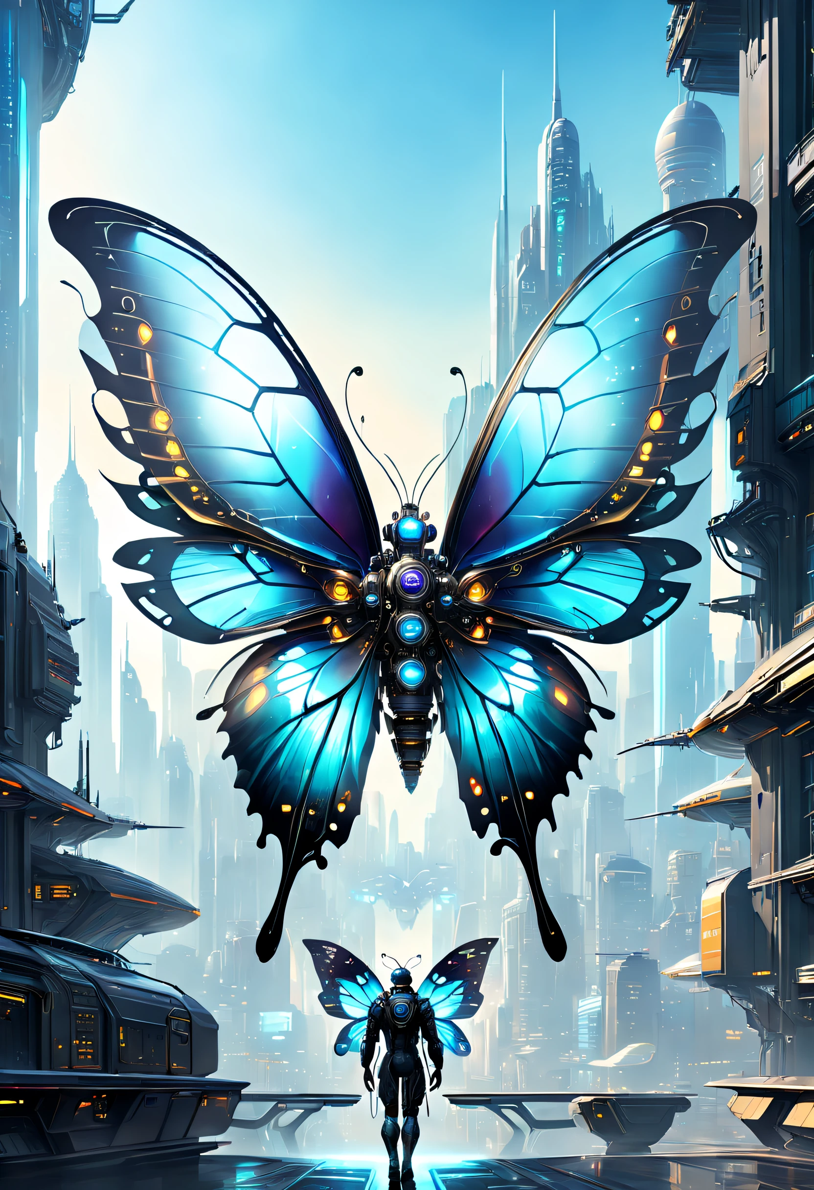 Translucent ethereal mechanical butterfly，Future King of Butterflies，Mechanical wings，futuristic urban background，Beautiful sci-fi art, Sci-fi digital art illustration, Digital Cyberpunk Art, science fiction digital painting, futuristic digital painting, futuristic concept art, in front of a sci fi cityscape, science fiction digital art, Advanced digital cyberpunk art, Magical cyberpunk butterfly