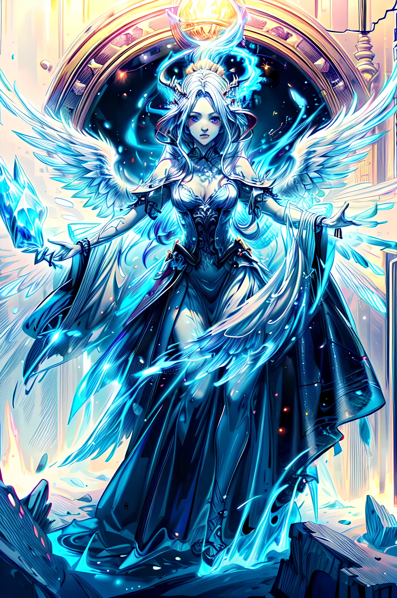 fantasy art, RPG art, icestyle a picture of an (ice sculpture: 1.5) (ultra detailed, Masterpiece, best quality: 1.4) of an (icy: 1.4) female angel (ultra detailed, Masterpiece, best quality: 1.3) spread angel wings angel_wings (ultra detailed, Masterpiece, best quality: 1.3) made from ice, fiery halo red fire, flame hair, fantasy temple background best quality, 16k, [ultra detailed], masterpiece, best quality, (ultra detailed), full body, ultra wide shot, photorealistic