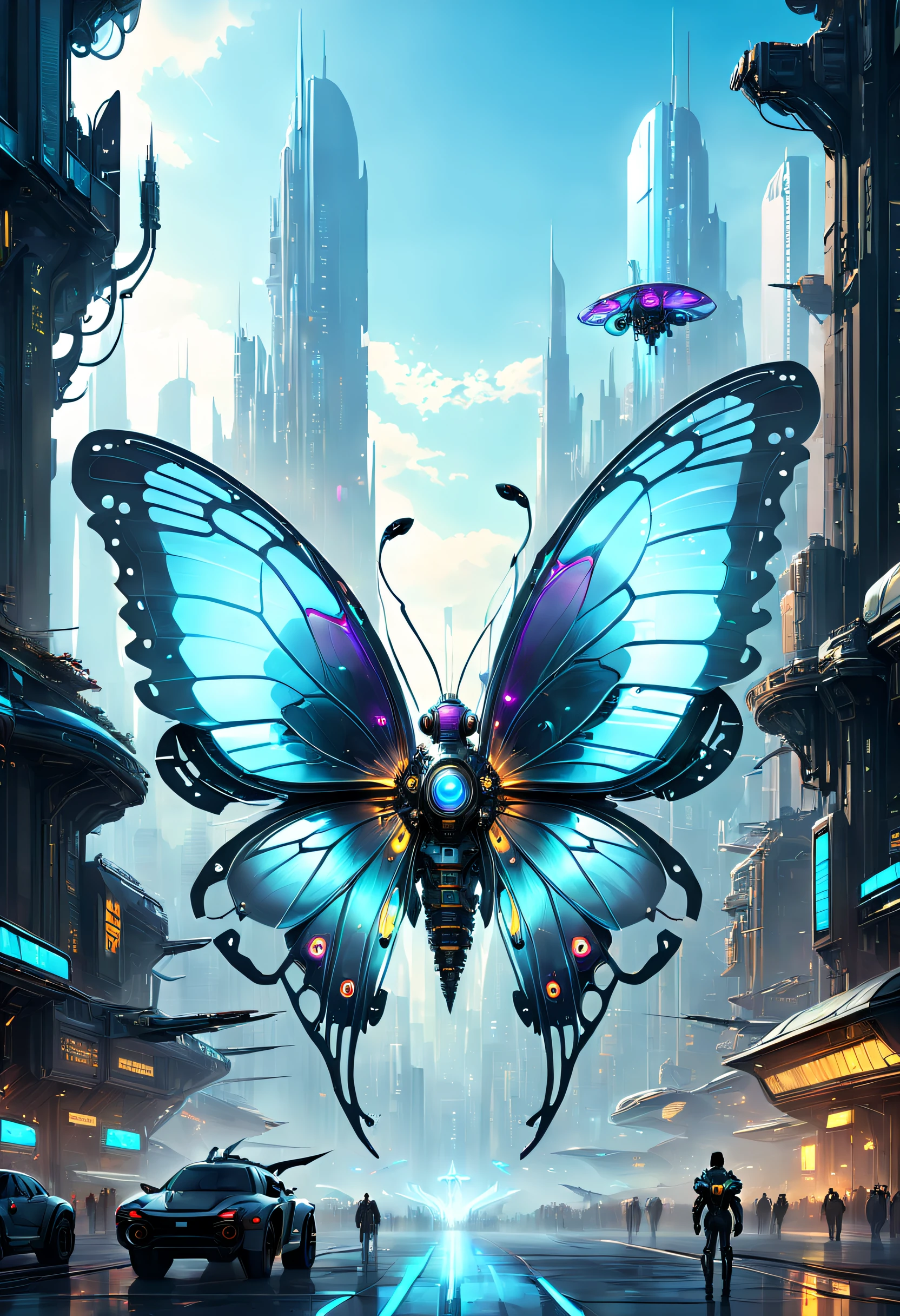Translucent ethereal mechanical butterfly,Future King of Butterflies,Mechanical wings,futuristic urban background,Beautiful sci-fi art, Sci-fi digital art illustration, Digital Cyberpunk Art, science fiction digital painting, futuristic digital painting, futuristic concept art, in front of a sci fi cityscape, science fiction digital art, Advanced digital cyberpunk art, Magical cyberpunk butterfly