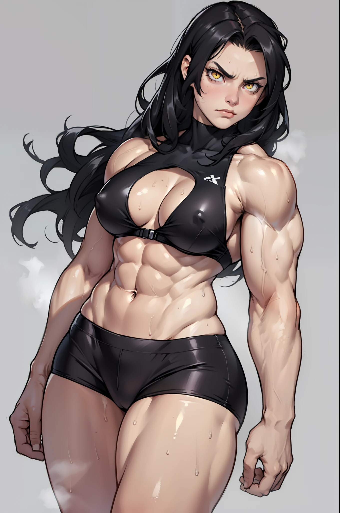 black hair, yellow eyes, solo, sweaty, shiny skin, angry, pale skin, ((((((muscular, 1girl)))))), curvy, thin waist, very long hair, cowboy shot, sweaty, perky breasts, swimsuit ((grey background))