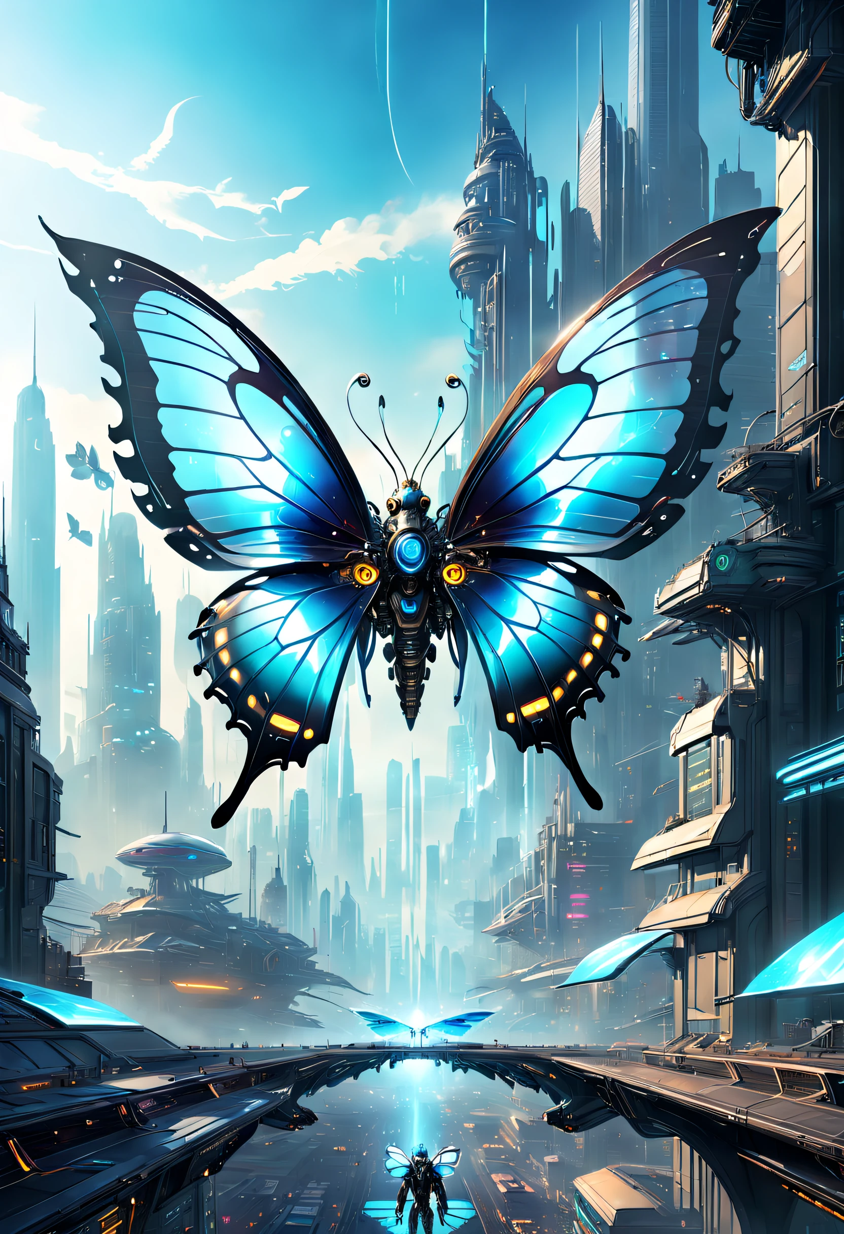 Translucent ethereal mechanical butterfly,Future King of Butterflies,Mechanical wings,futuristic urban background,Beautiful sci-fi art, Sci-fi digital art illustration, Digital Cyberpunk Art, science fiction digital painting, futuristic digital painting, futuristic concept art, in front of a sci fi cityscape, science fiction digital art, Advanced digital cyberpunk art, Magical cyberpunk butterfly