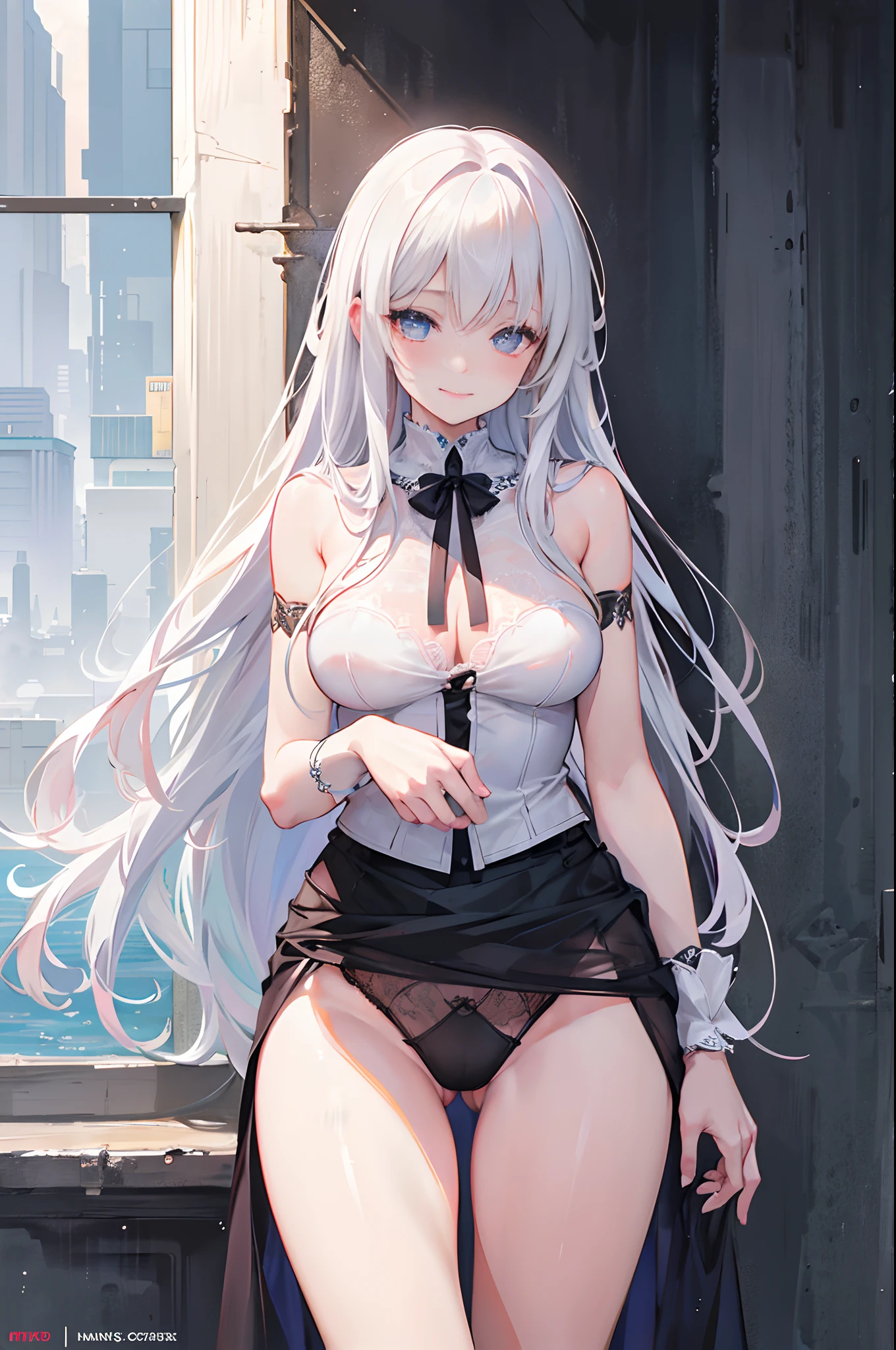 Naked, full bodyesbian, Middle breast,Beautiful detailed eyes, Heavy fog, Wet, see through (Long hair:1.2), (8K, Best quality, Masterpiece:1.2), (Realistic, Photorealistic:1.37), Ultra detailed, 1 girl, Cute, long white hair, (Blush), (Smile: 1.15), The crotch is dripping with a bewitching love juice, which is coating the underwear and inner thighs