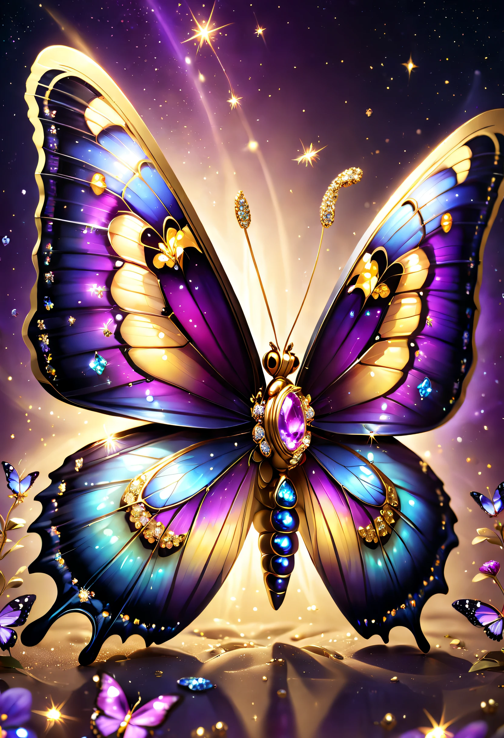 hyper HD, super detailing, Best quality at best, high detal, 1080p, 16k, A high resolution,Butterfly close-up,Butterfly with sparkling surface, amazing symmetrical wings, Magic Crystal Butterfly, Magic butterfly with diamonds, purple sparkles, gold and purple, butterfly bright,, Sparkling gold butterfly, glowing purple, The background is the mysterious cosmic starry sky, butterfly photography, Gemstones and yellow gold rings,(The best illustrations),(The best shadow),isometric 3D.octaneratingrendering,Hyper-realistic