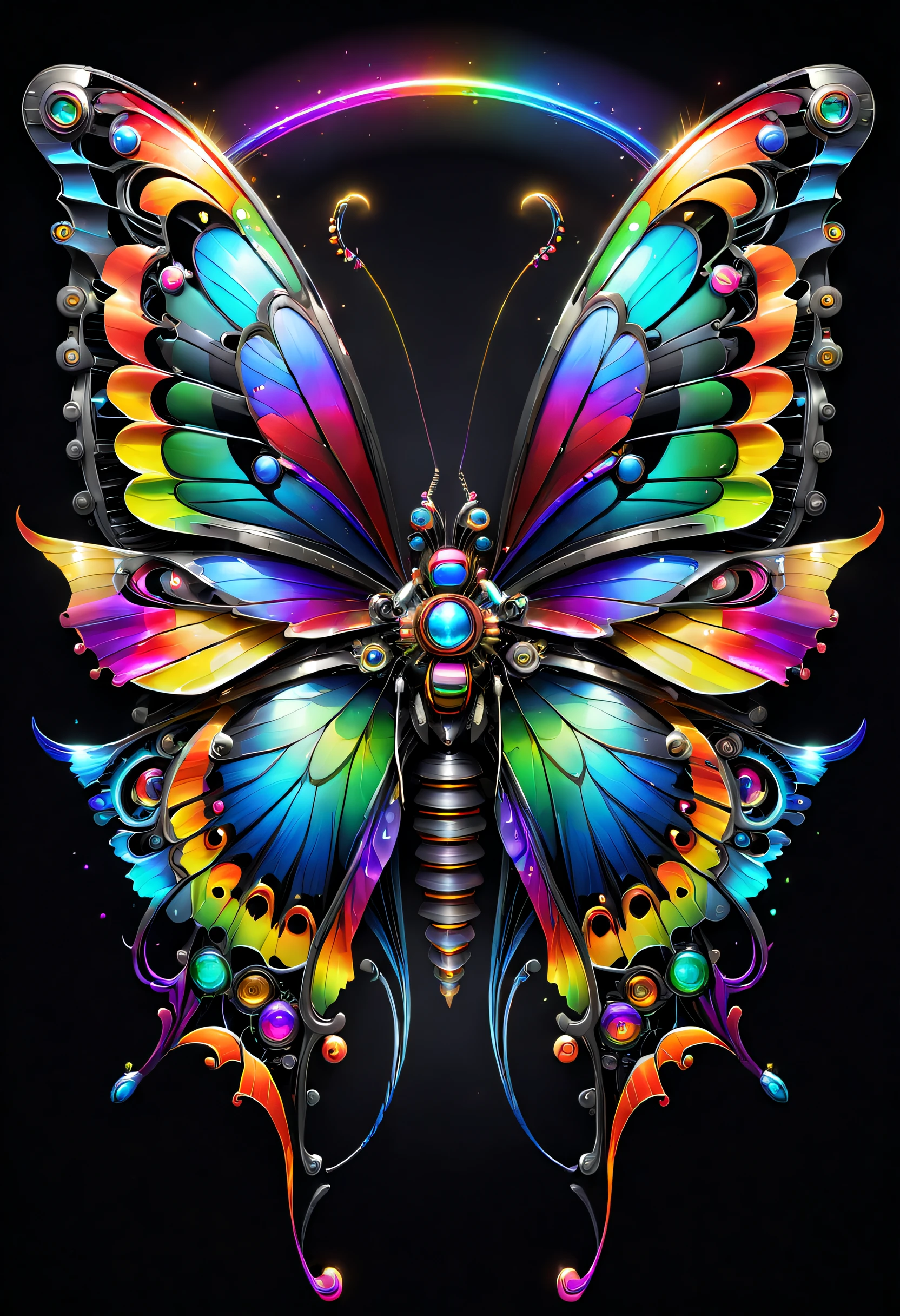 pixel sorted，Futuristic fantasy butterfly，Sci-fi butterflies，Futuristic butterflies，Mechanical butterfly，Fly petals，Metal polished mechanical butterfly painting on black background,Rainbow with neon wings，Form different structures， stunning render, Magical rainbow elements,Brilliant circular rainbow composition，symetrical composition，Alone， Beautiful symmetry, Symmetrical wings, magnificent art, Symmetrical wings, Detailed digital art