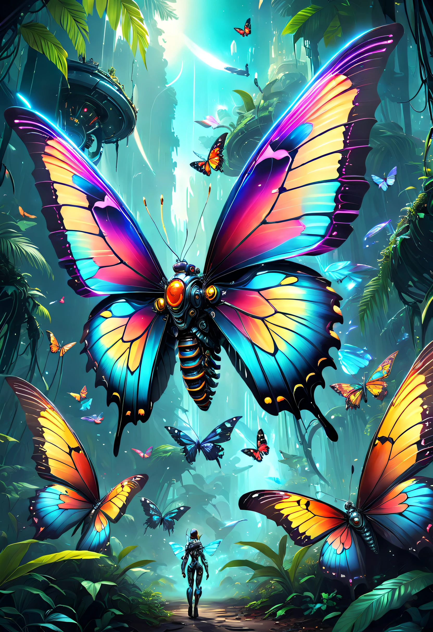 (Best quality at best)),Magnificent space image scene,ultra-realistic realism, super detailing, Acura, Best quality at best, hyper HD, tmasterpiece, Anatomically correct, A high resolution, 16k,Futuristic fantasy butterfly,Sci-fi butterflies,Futuristic butterflies,Mechanical butterfly,Futuristic jungle background,Verbose mode,Intricate patterns,Colorful wings,glowing wings,Neon wings,Huge butterfly wings,Extraterrestrial mechanical structures,Fantasy technology art style, Future fantasy art performance, Epic mechanical fantasy digital art style,