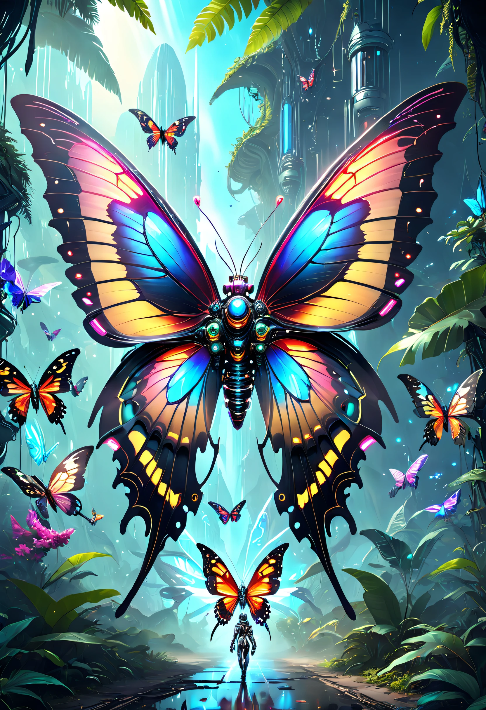 (Best quality at best)),Magnificent space image scene,ultra-realistic realism, super detailing, Acura, Best quality at best, hyper HD, tmasterpiece, Anatomically correct, A high resolution, 16k,Futuristic fantasy butterfly,Sci-fi butterflies,Futuristic butterflies,Mechanical butterfly,Futuristic jungle background,Verbose mode,Intricate patterns,Colorful wings,glowing wings,Neon wings,Huge butterfly wings,Extraterrestrial mechanical structures,Fantasy technology art style, Future fantasy art performance, Epic mechanical fantasy digital art style,